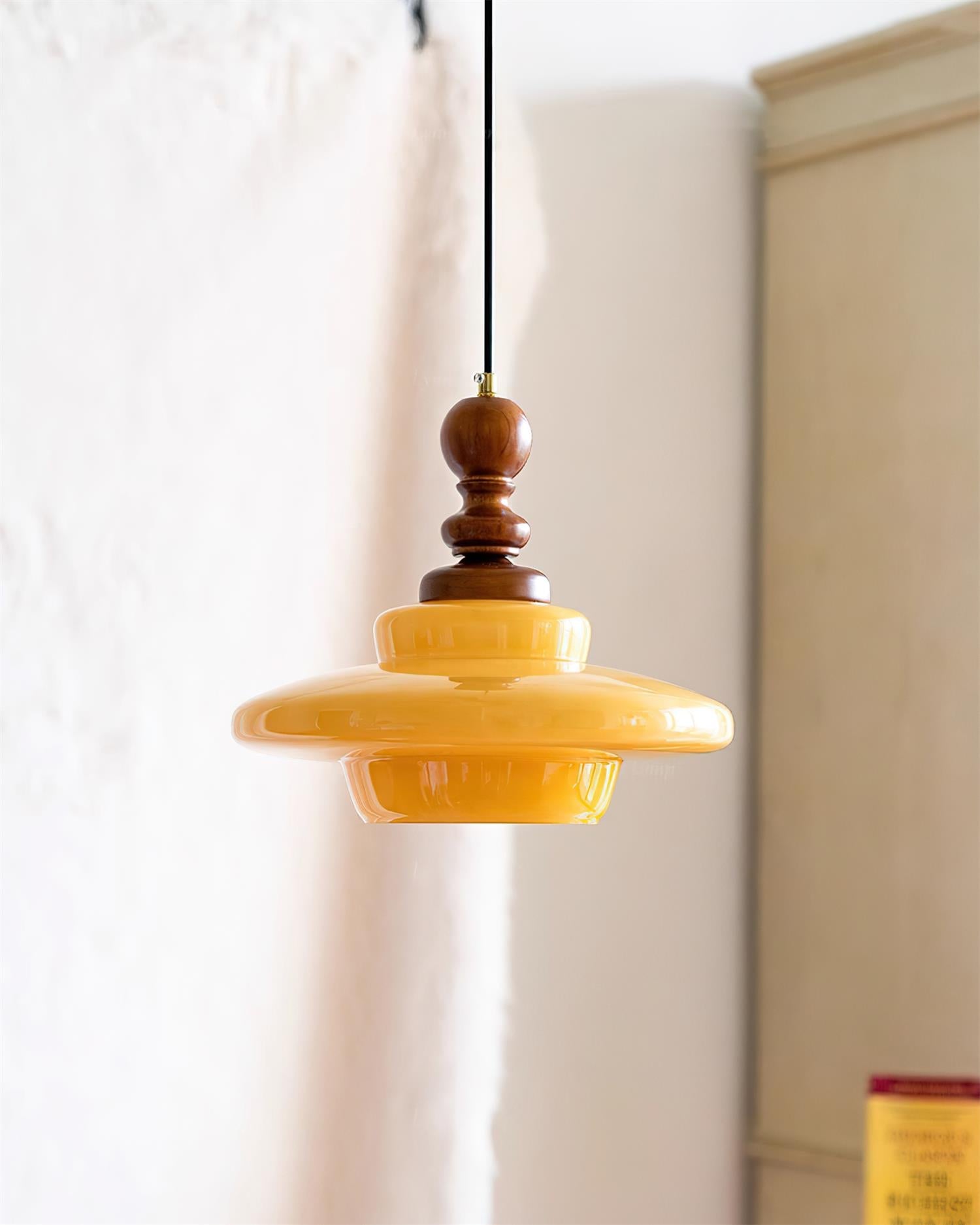 Pendant Lamp Yellow Glass with Walnut Wood Accent Retro - Letslighting