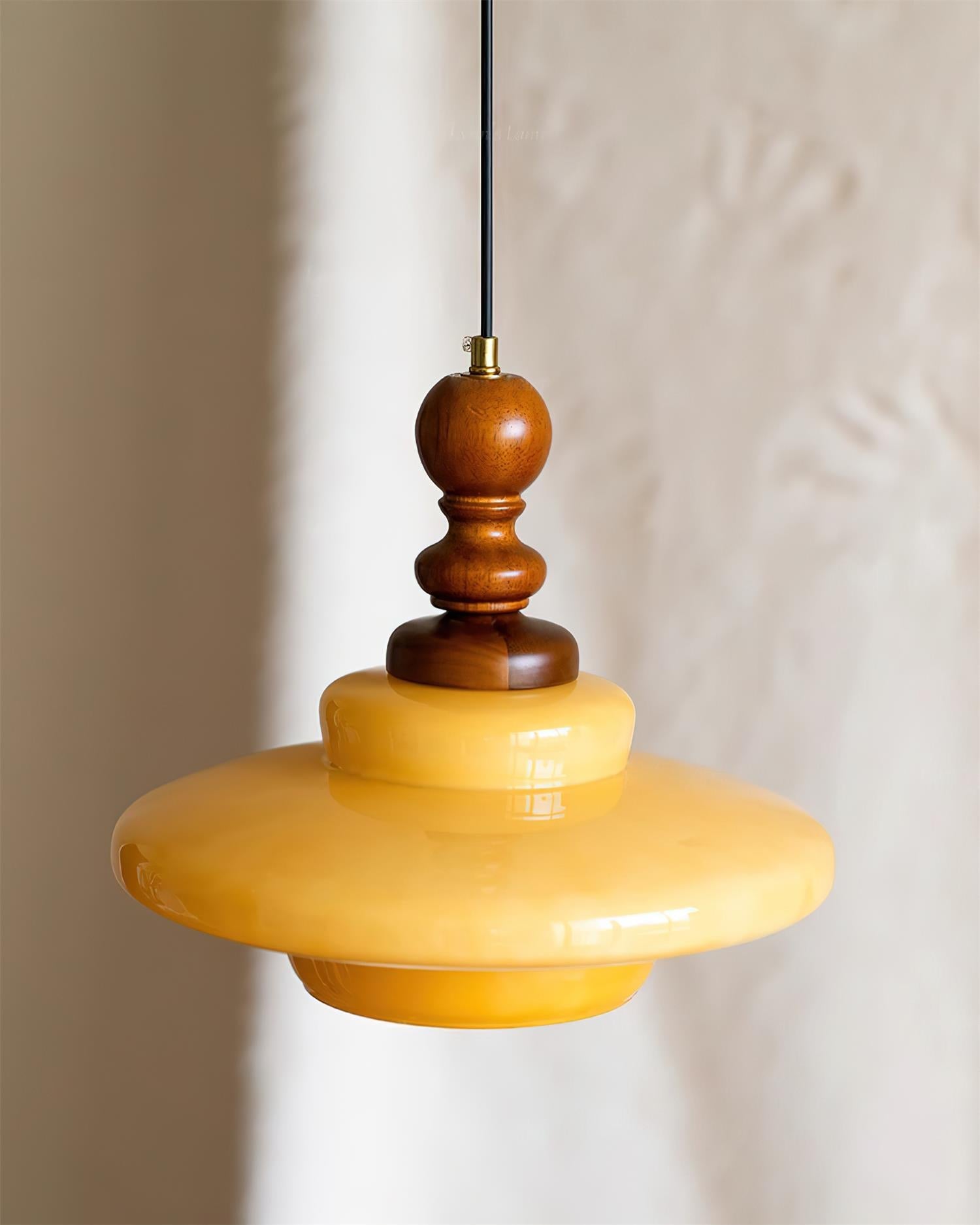 Pendant Lamp Yellow Glass with Walnut Wood Accent Retro - Letslighting