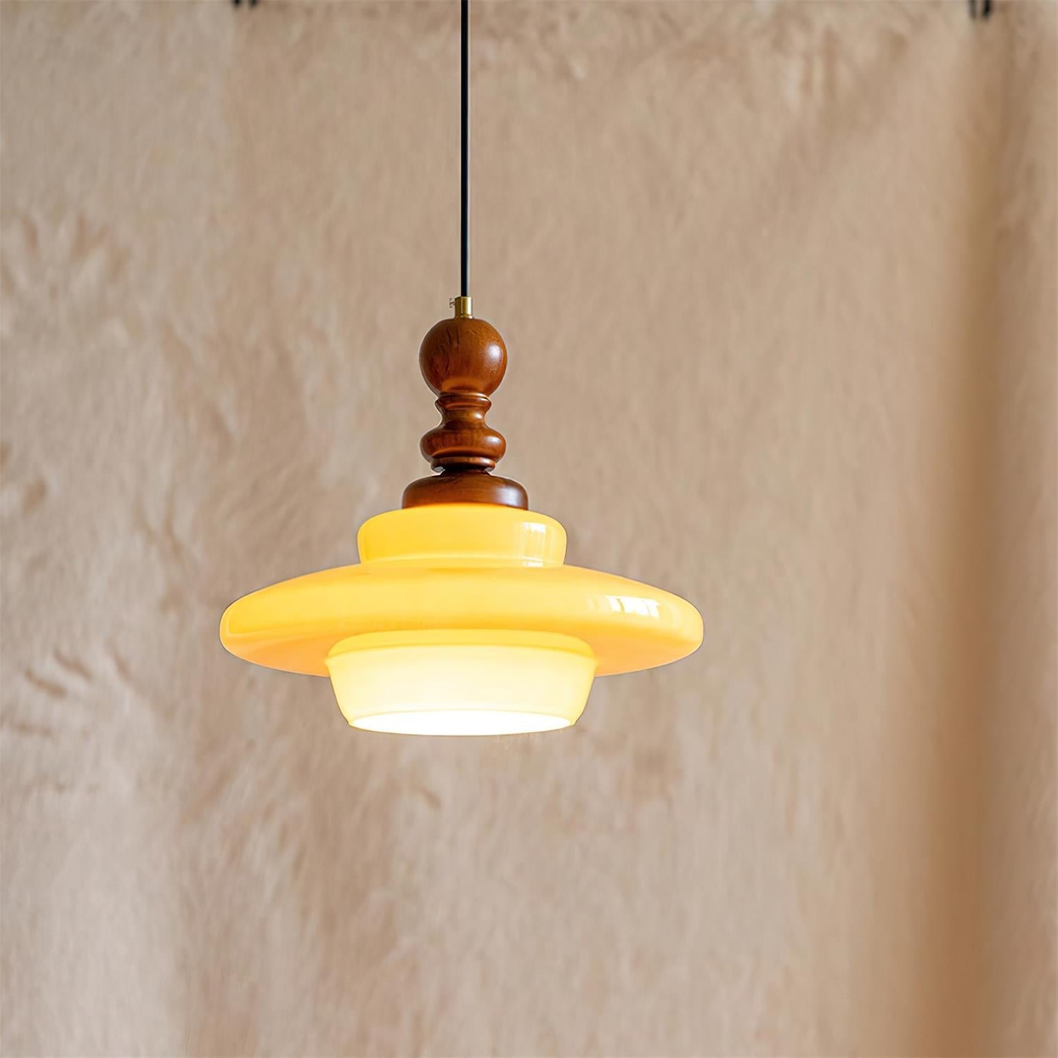 Pendant Lamp Yellow Glass with Walnut Wood Accent Retro - Letslighting