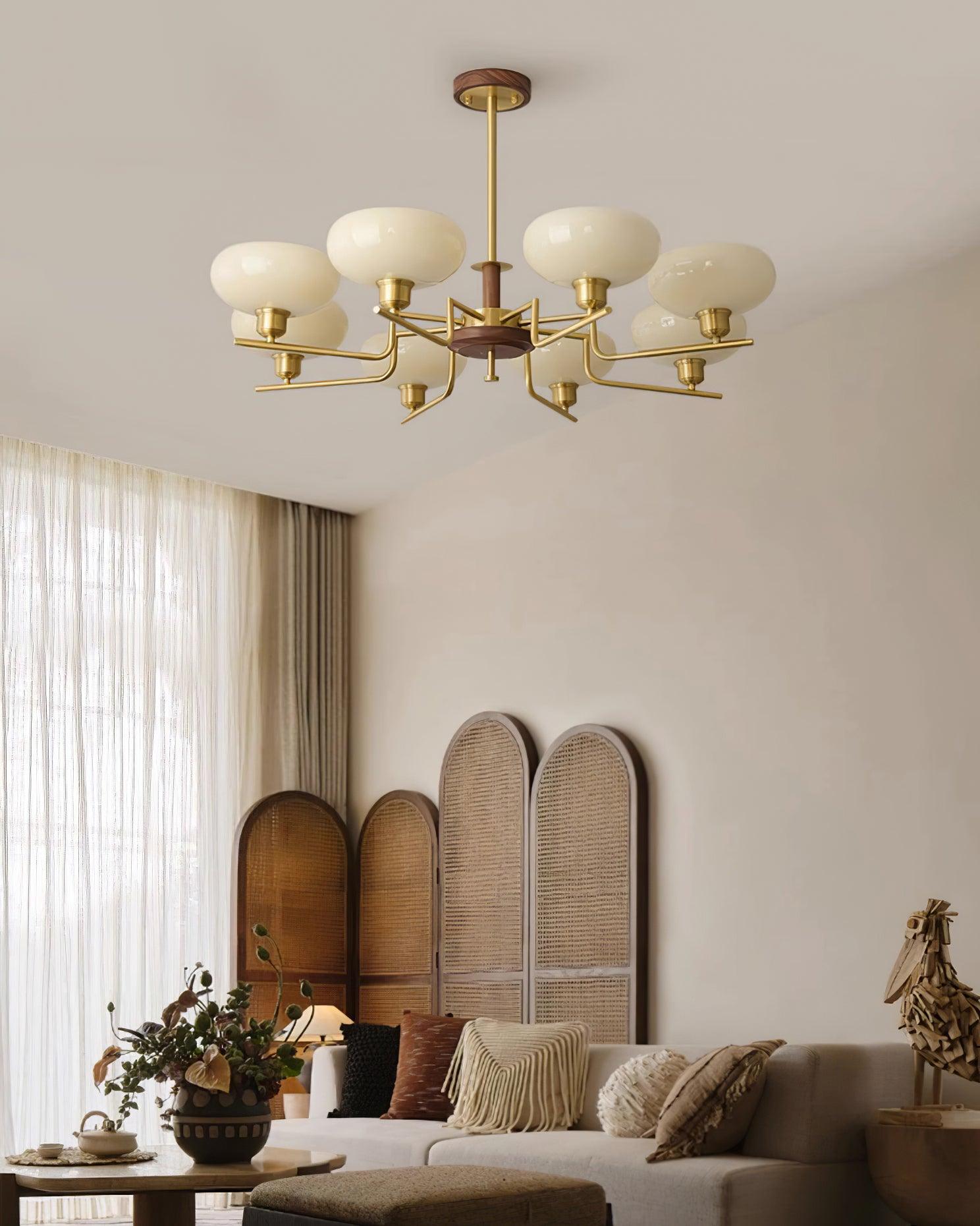 Chandelier Wood & Brass Frame Glass Shades Medieval Ambience - Letslighting