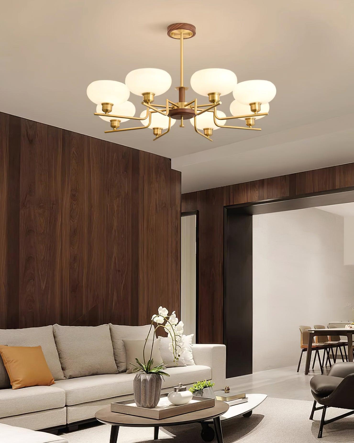 Chandelier Wood & Brass Frame Glass Shades Medieval Ambience - Letslighting