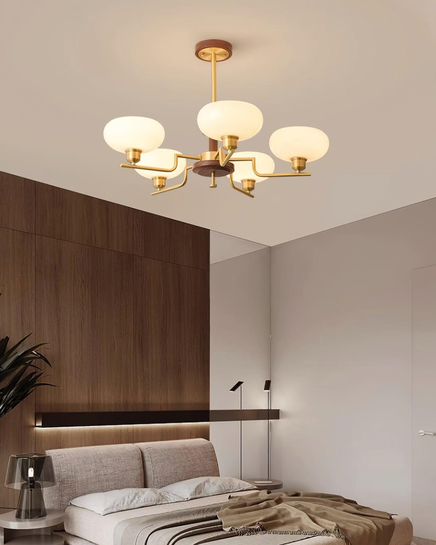 Chandelier Wood & Brass Frame Glass Shades Medieval Ambience - Letslighting