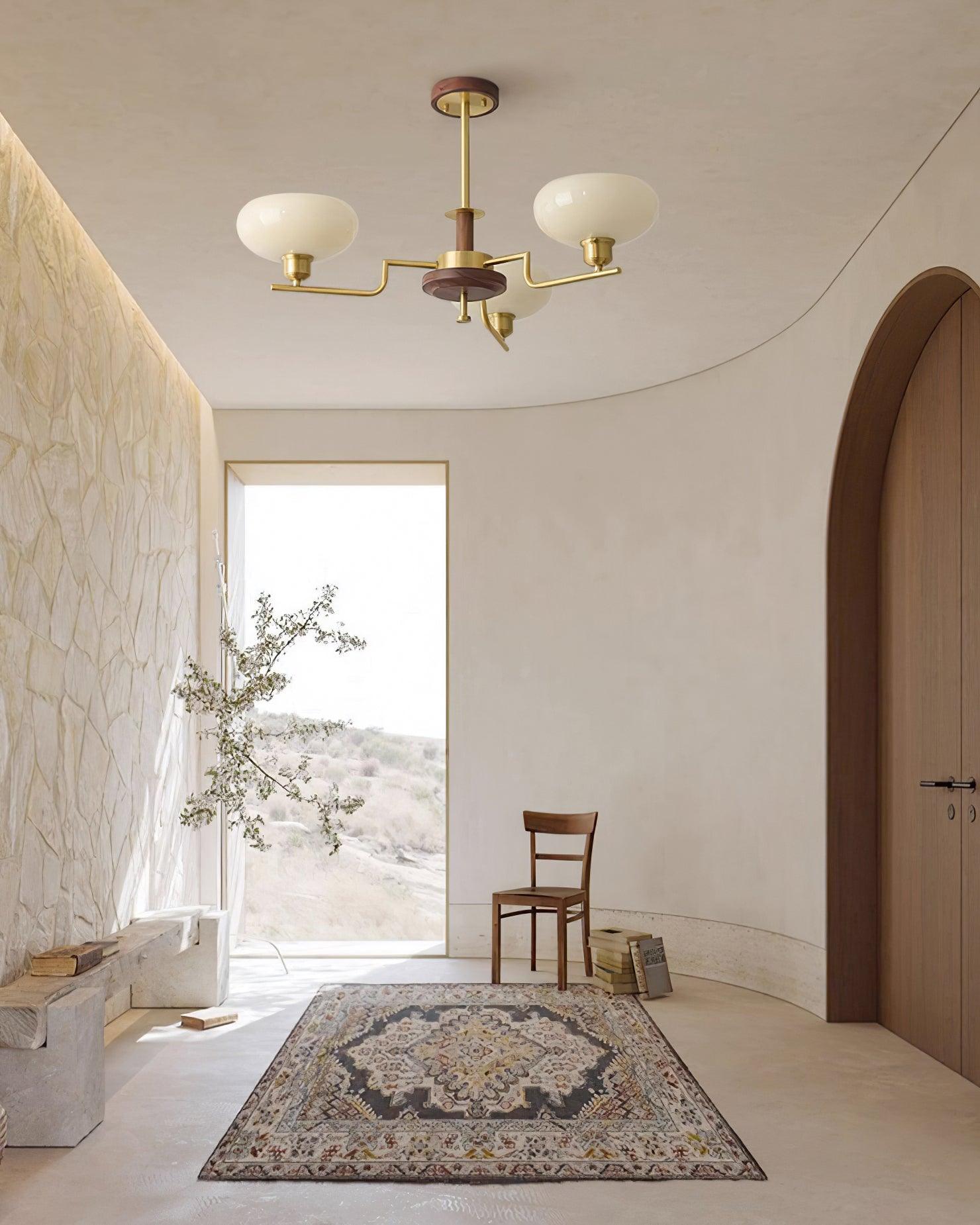 Chandelier Wood & Brass Frame Glass Shades Medieval Ambience - Letslighting