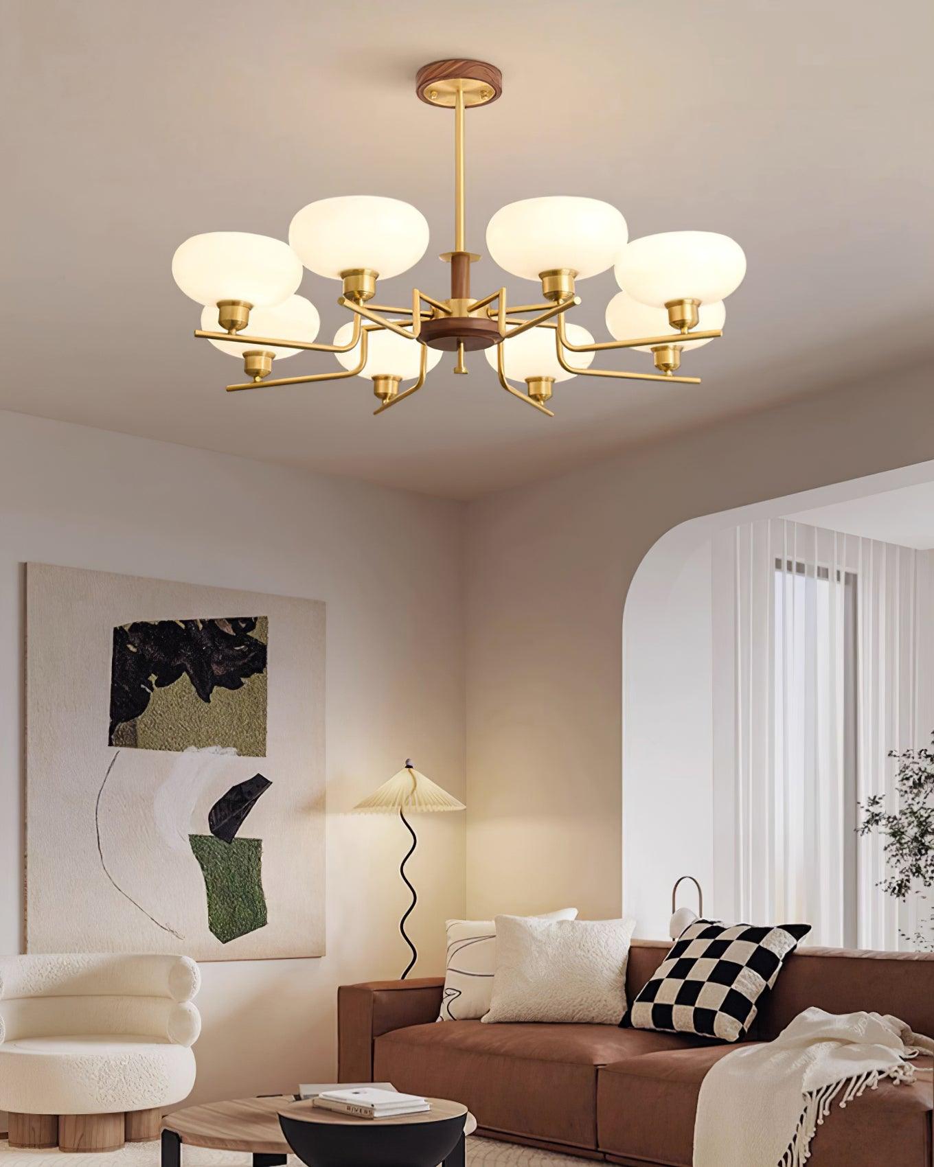 Chandelier Wood & Brass Frame Glass Shades Medieval Ambience - Letslighting