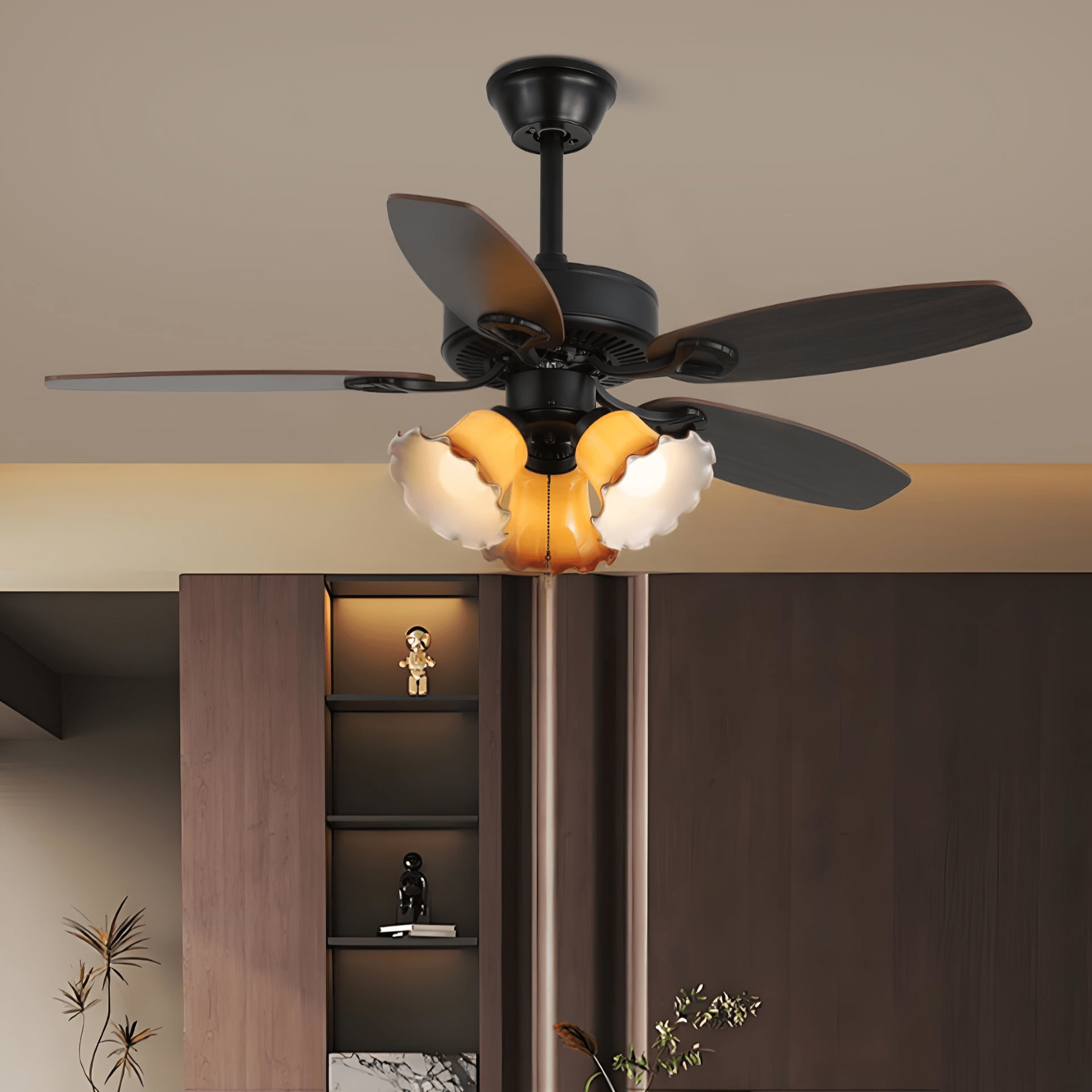 Calviera Vintage Wood Glass Ceiling Fan Light - Letslighting