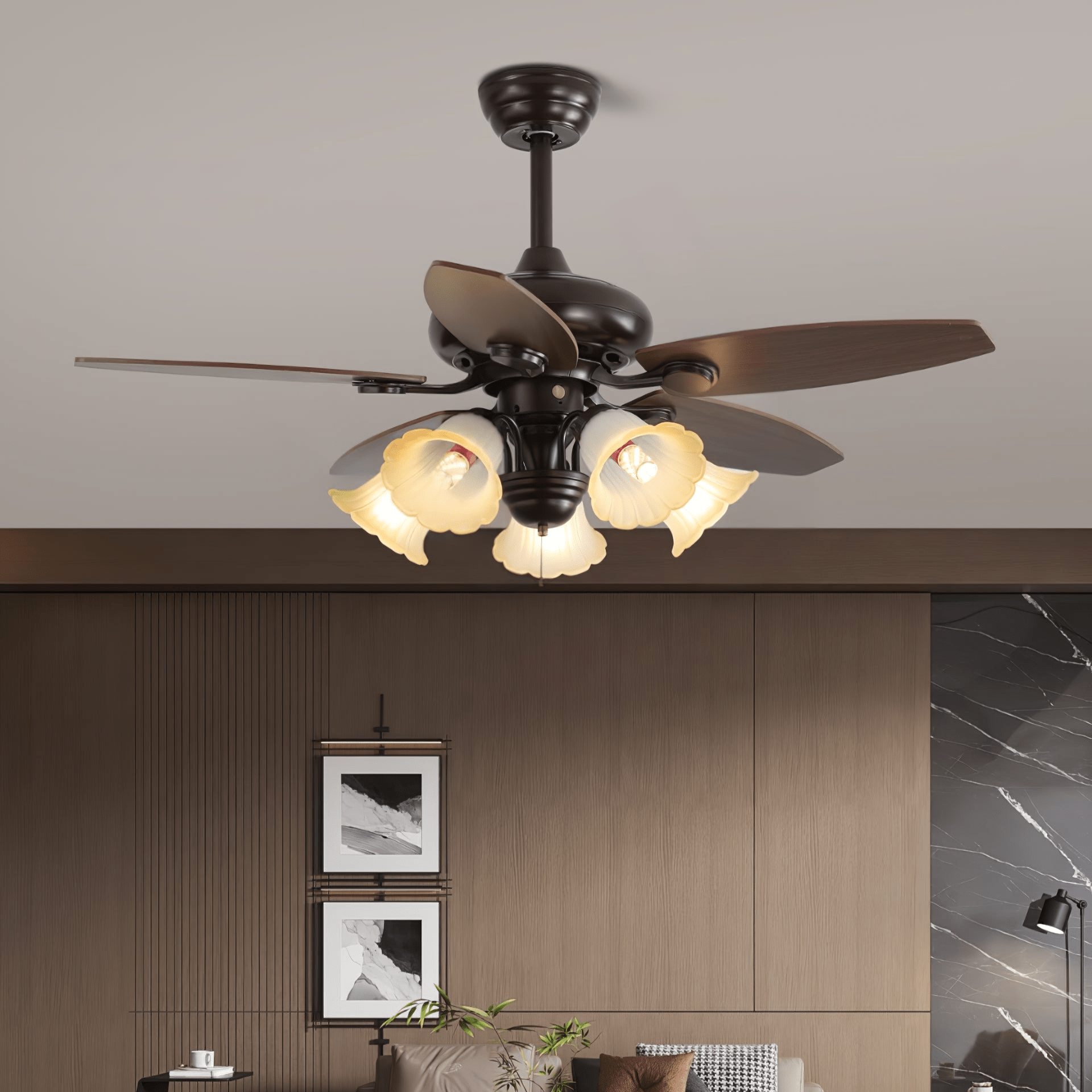 Florence Vintage Wood Glass Ceiling Fan Light - Letslighting