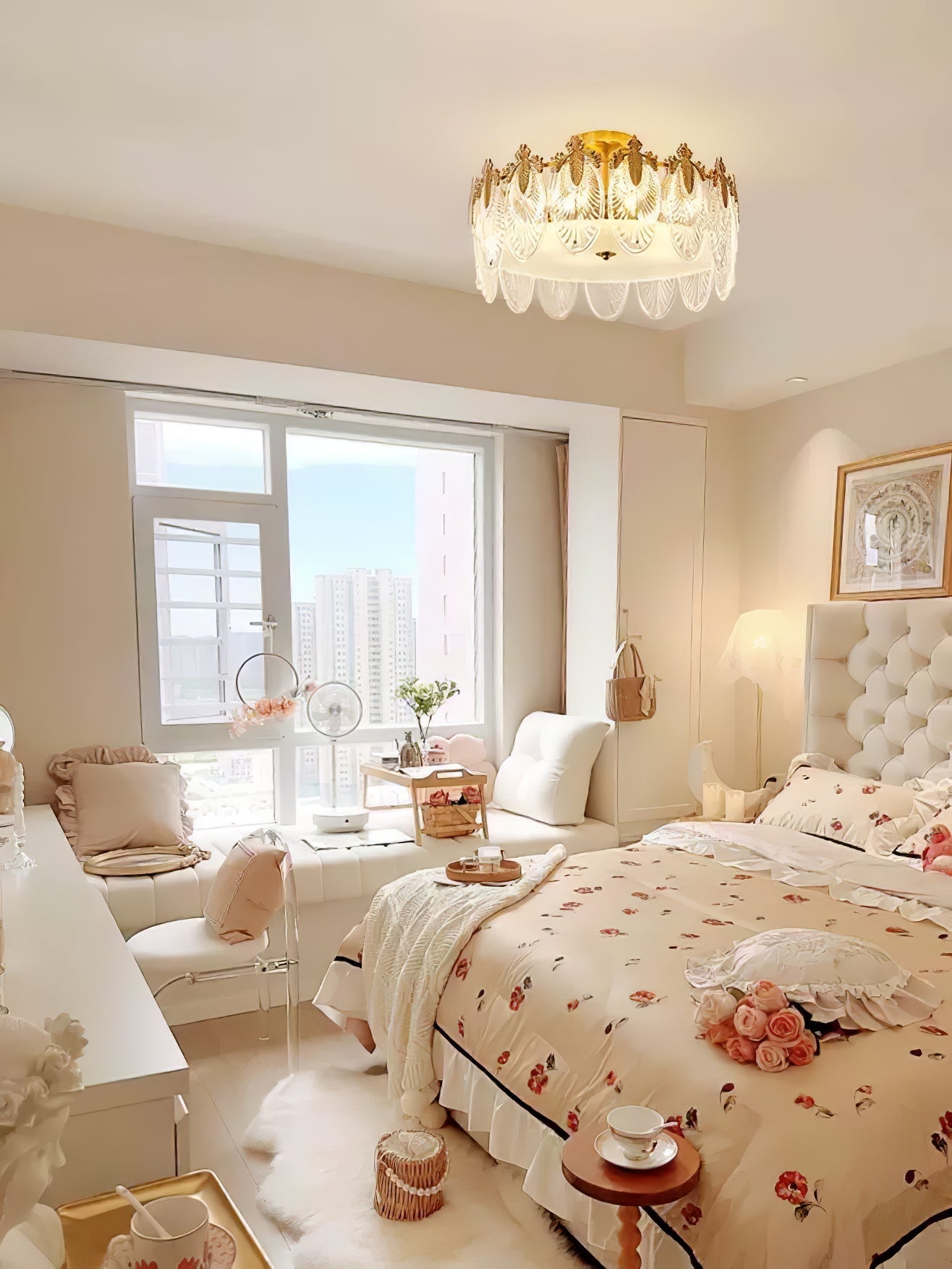 Lustra Chandelier Glass Petals Gold Frame Round - Letslighting