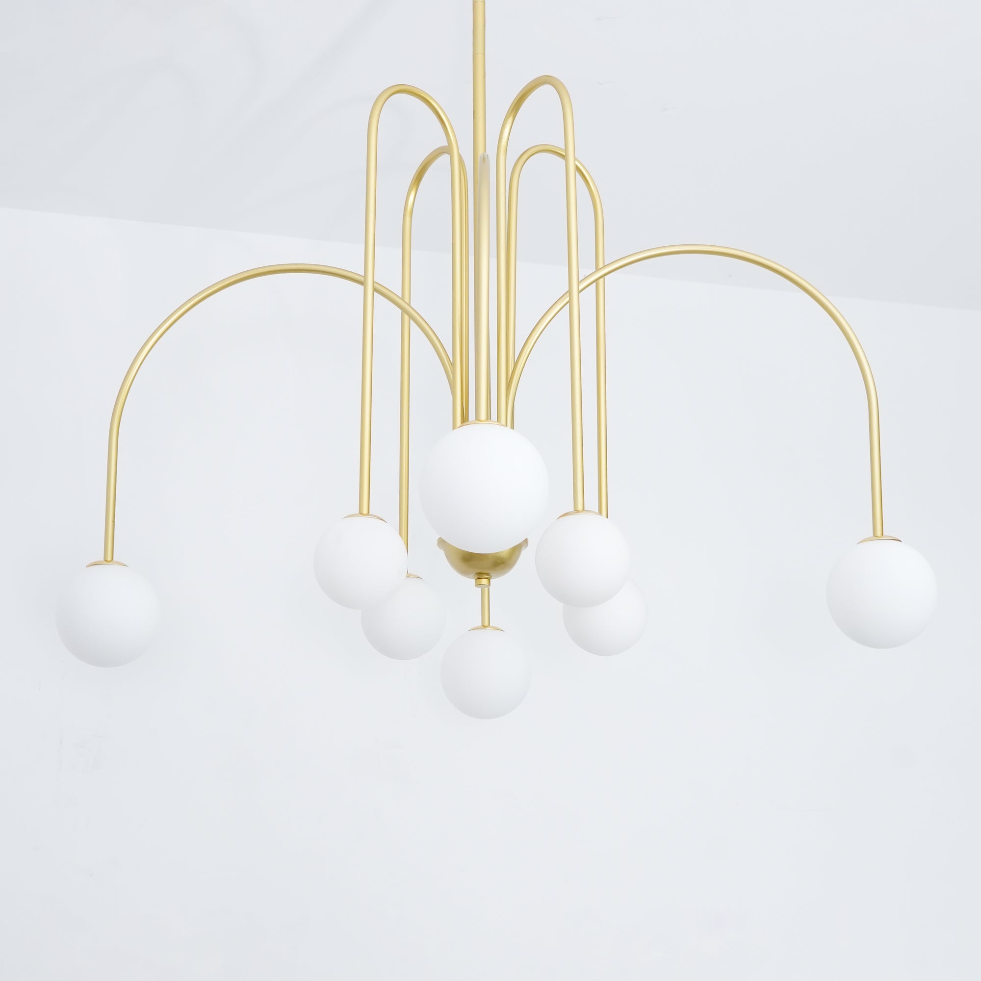 Lustra Chandelier Brass Curved Arms White Globe - Letslighting