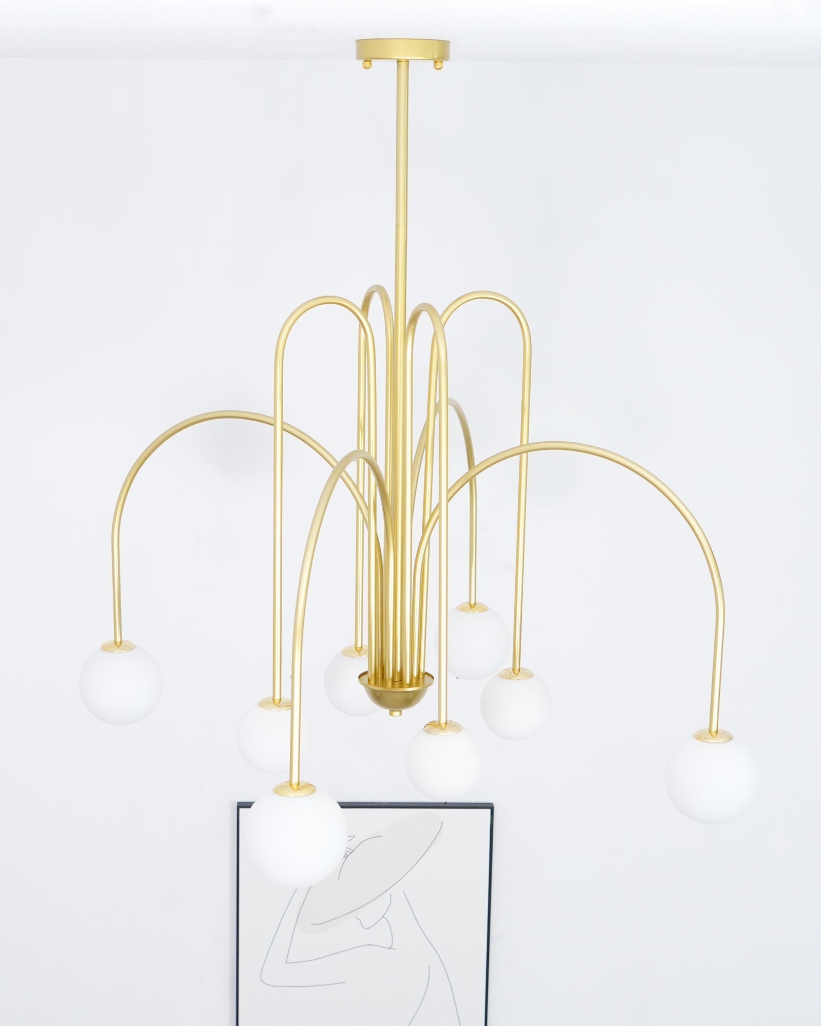 Lustra Chandelier Brass Curved Arms White Globe - Letslighting