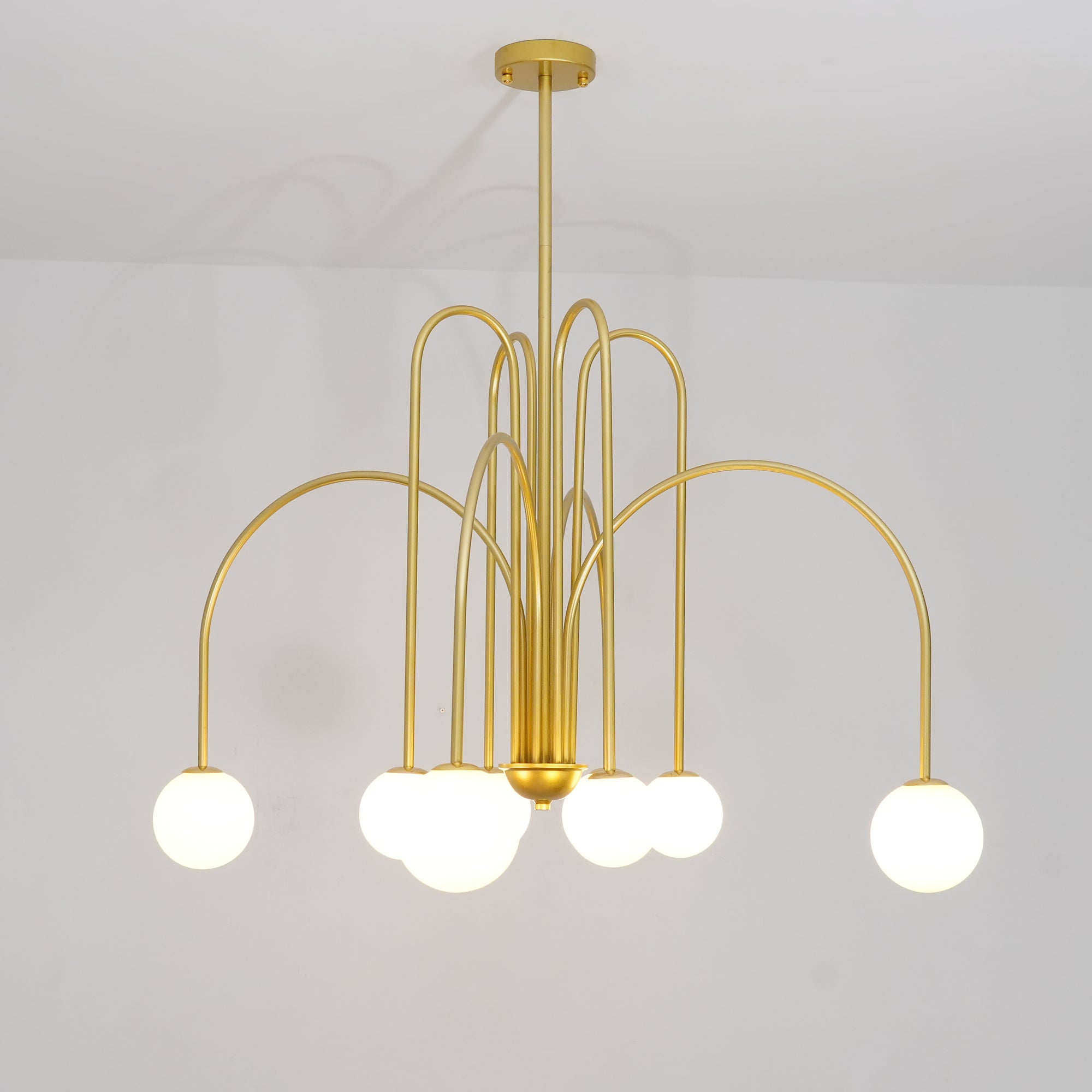 Lustra Chandelier Brass Curved Arms White Globe - Letslighting