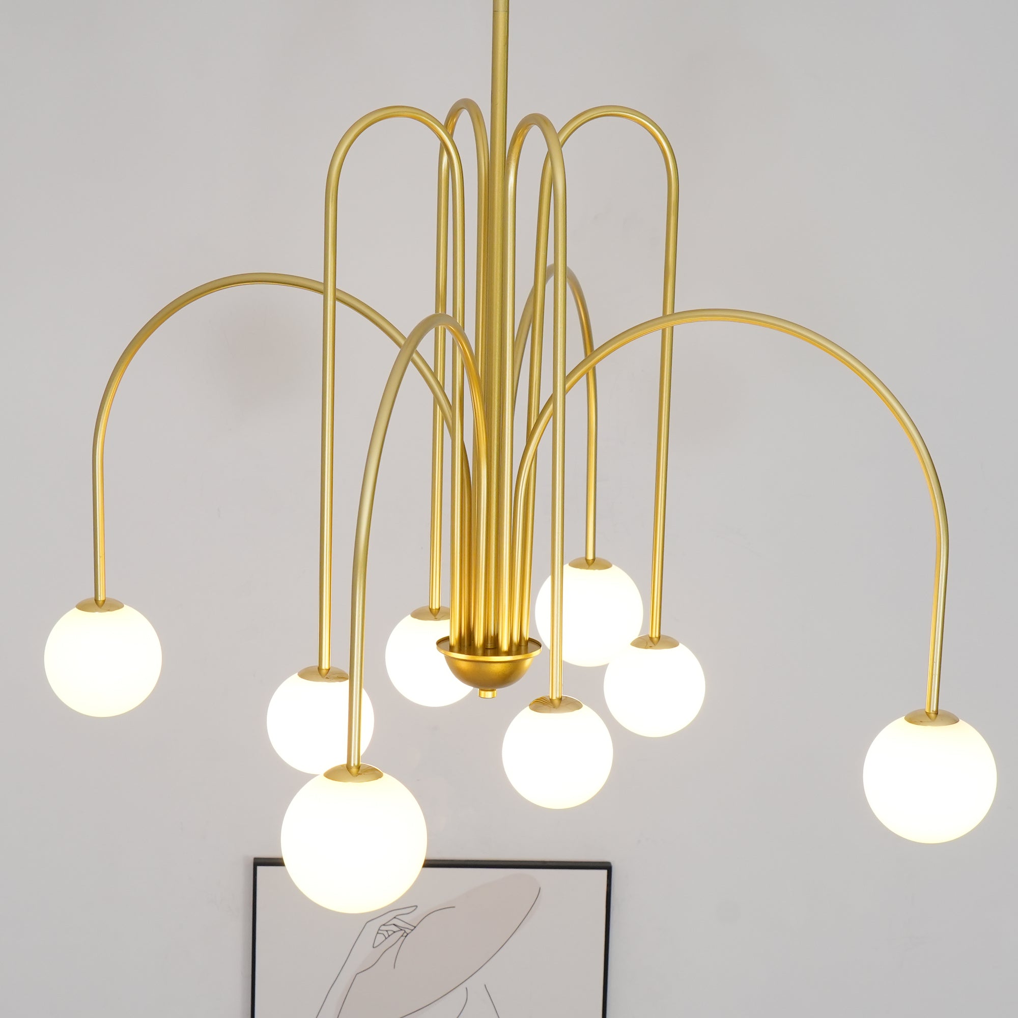 Lustra Chandelier Brass Curved Arms White Globe - Letslighting