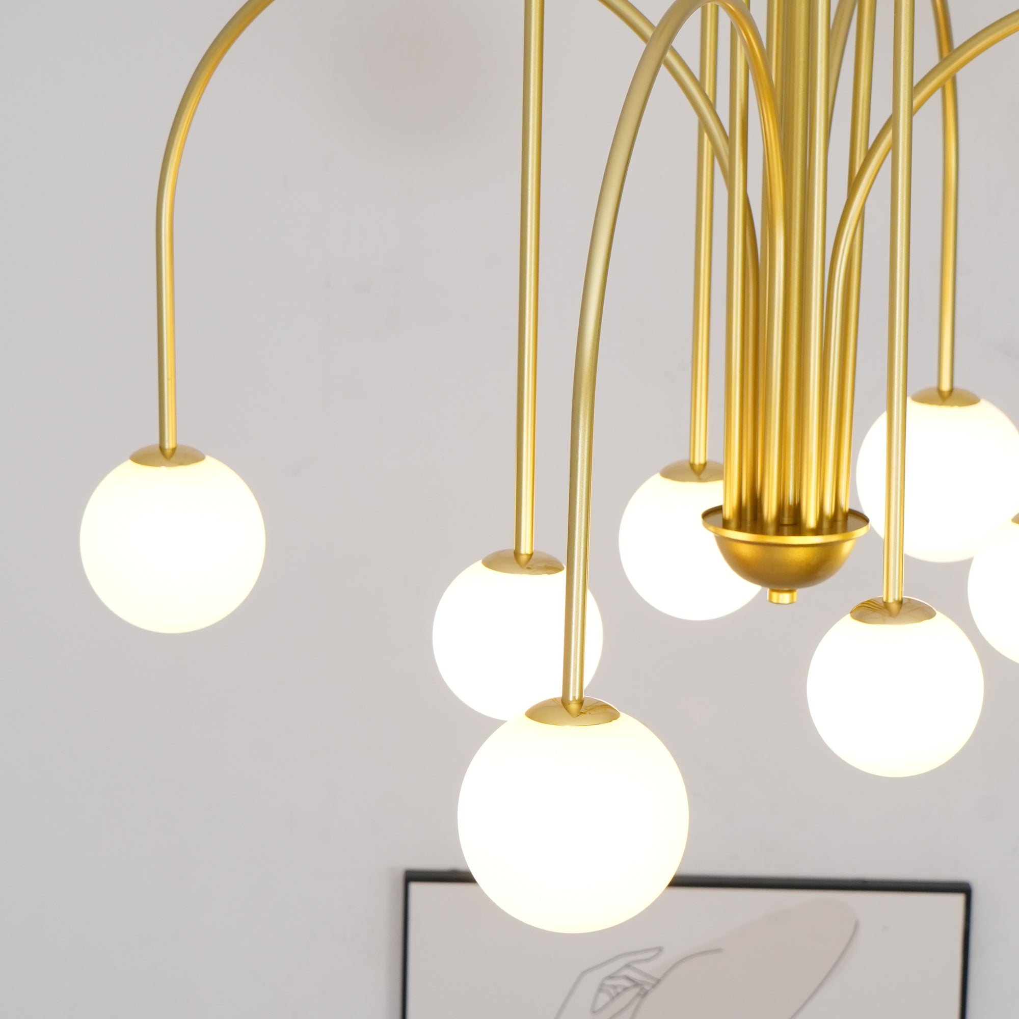Lustra Chandelier Brass Curved Arms White Globe - Letslighting