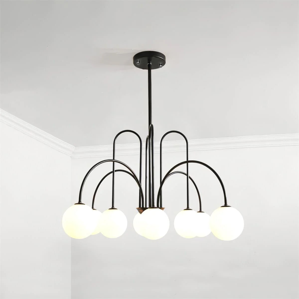 Lustra Chandelier Brass Curved Arms White Globe - Letslighting