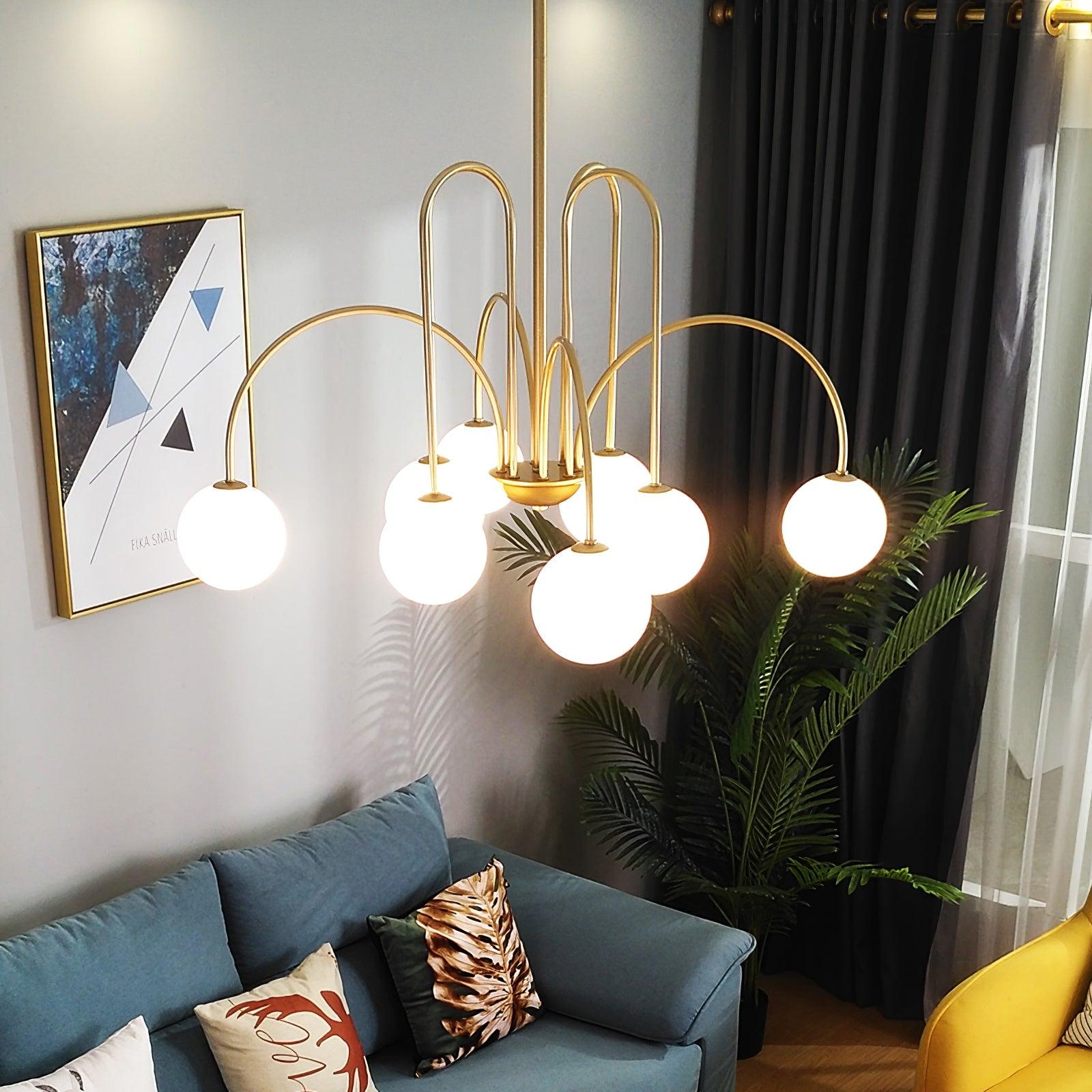 Lustra Chandelier Brass Curved Arms White Globe - Letslighting