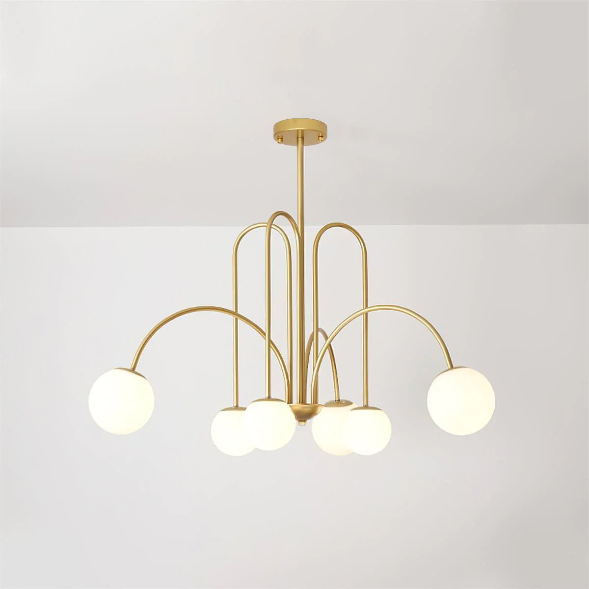 Lustra Chandelier Brass Curved Arms White Globe - Letslighting