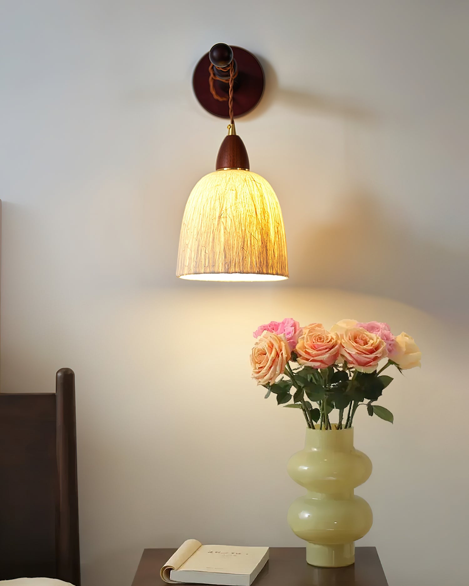 Wall Lamp Rice Paper Shade Wood Arm Soft Ambient Cozy Minimalist - Letslighting