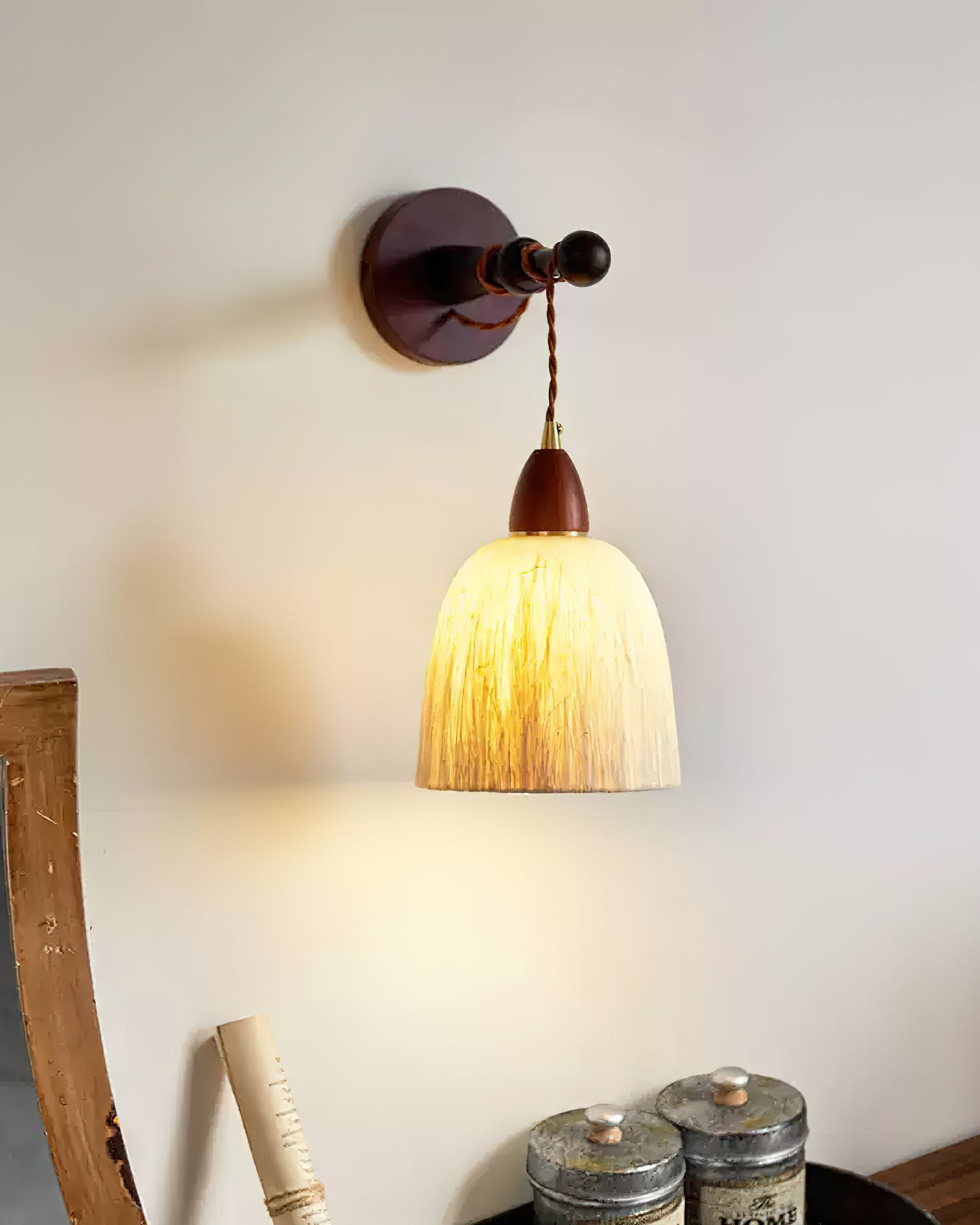 Wall Lamp Rice Paper Shade Wood Arm Soft Ambient Cozy Minimalist - Letslighting
