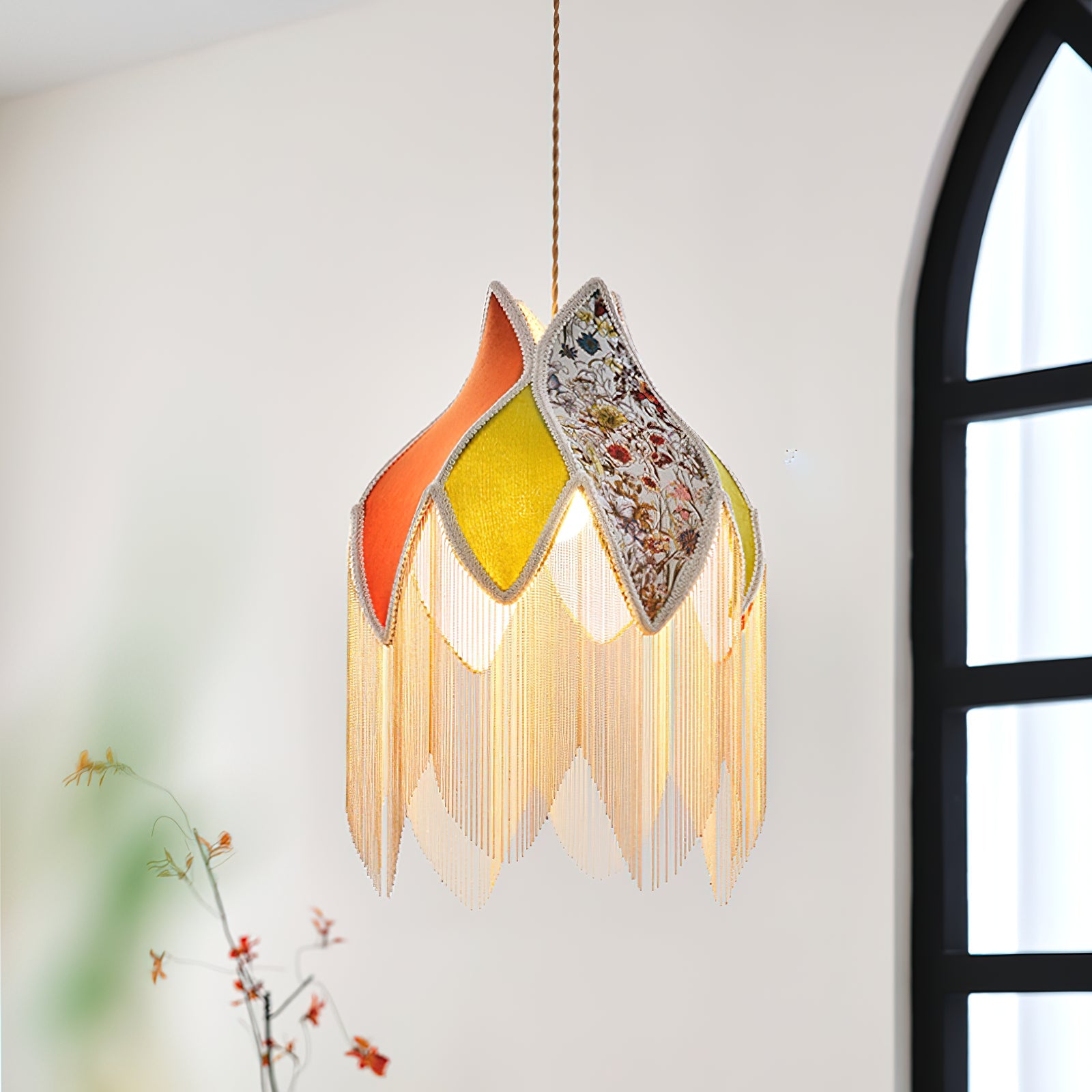 Pendant Lamp with Floral Petal Fabric Shade Fringe Bohemian - Letslighting