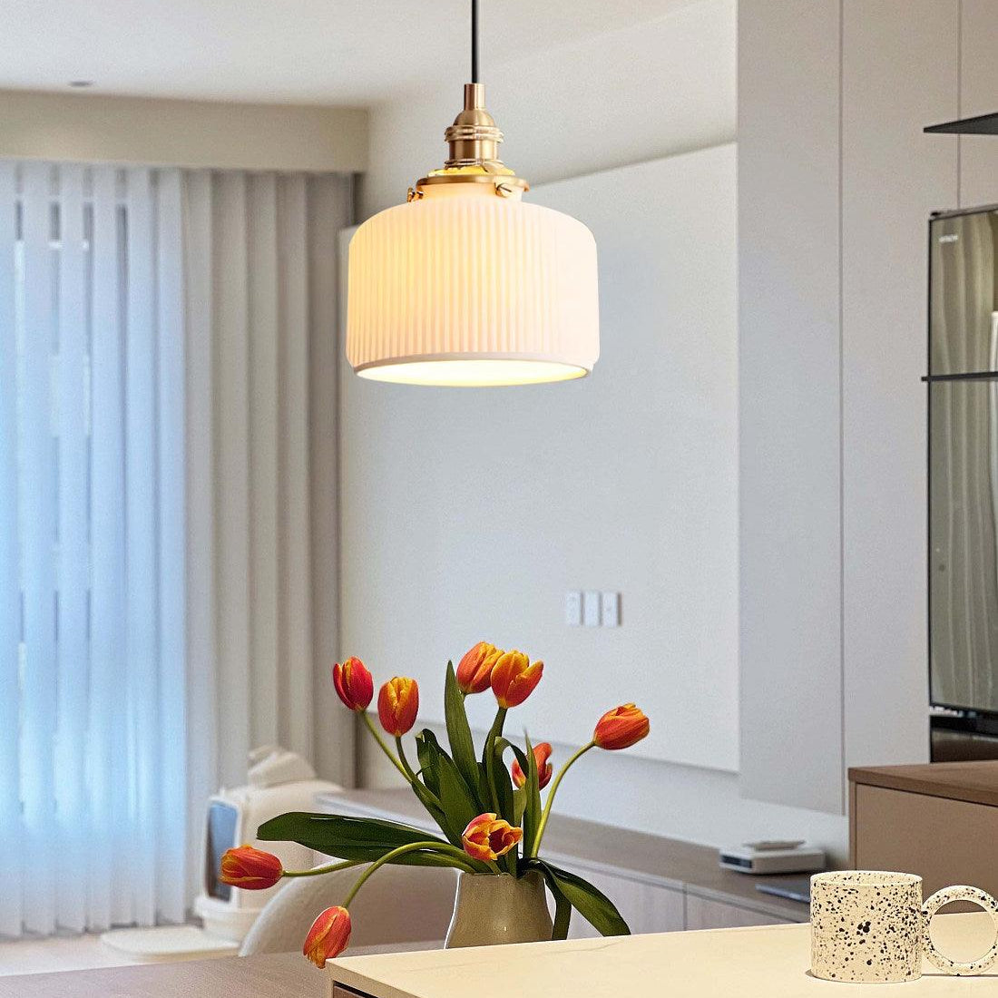 Pendant Lamp Ribbed Ceramic Shade with Gold Fitting Art - Letslighting