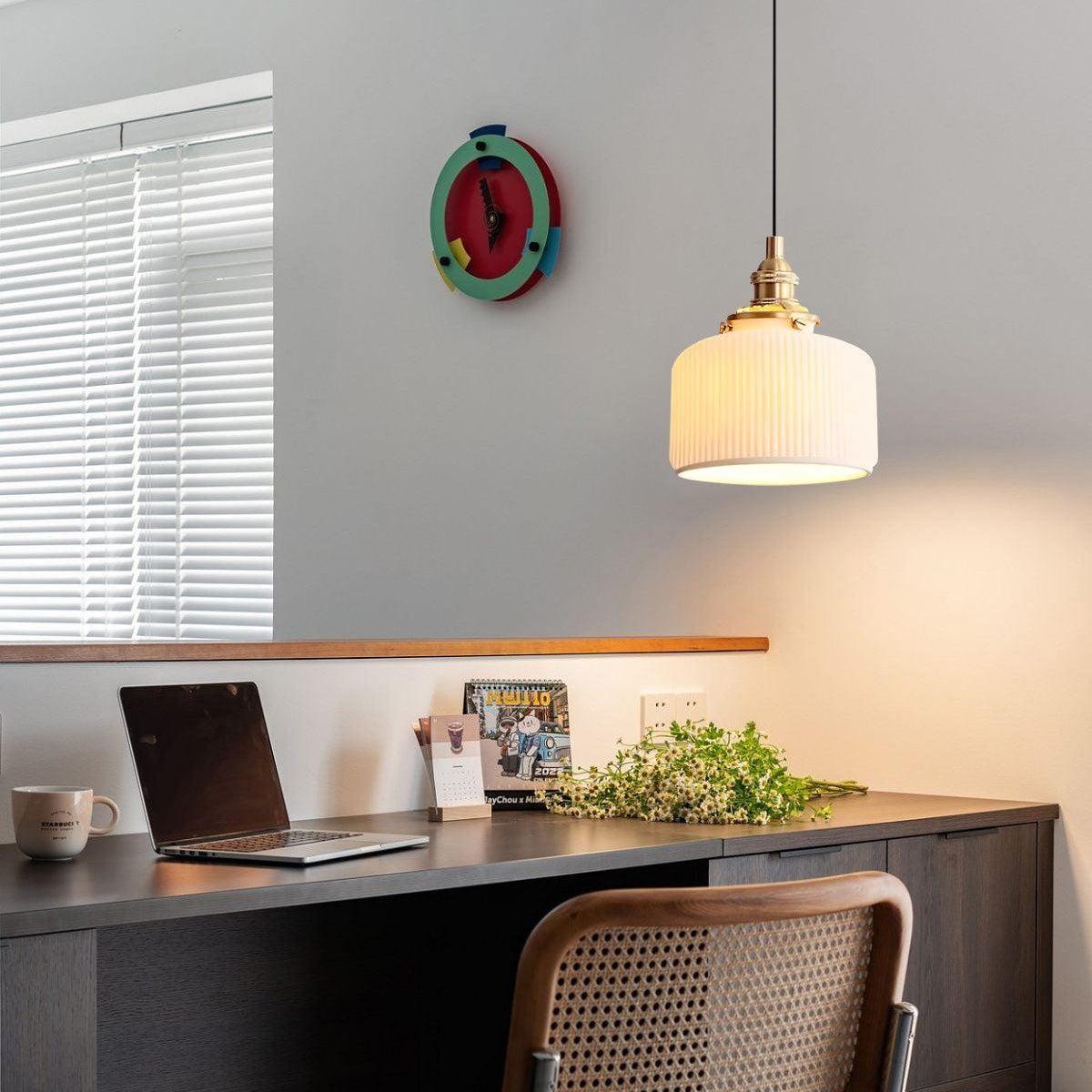 Pendant Lamp Ribbed Ceramic Shade with Gold Fitting Art - Letslighting
