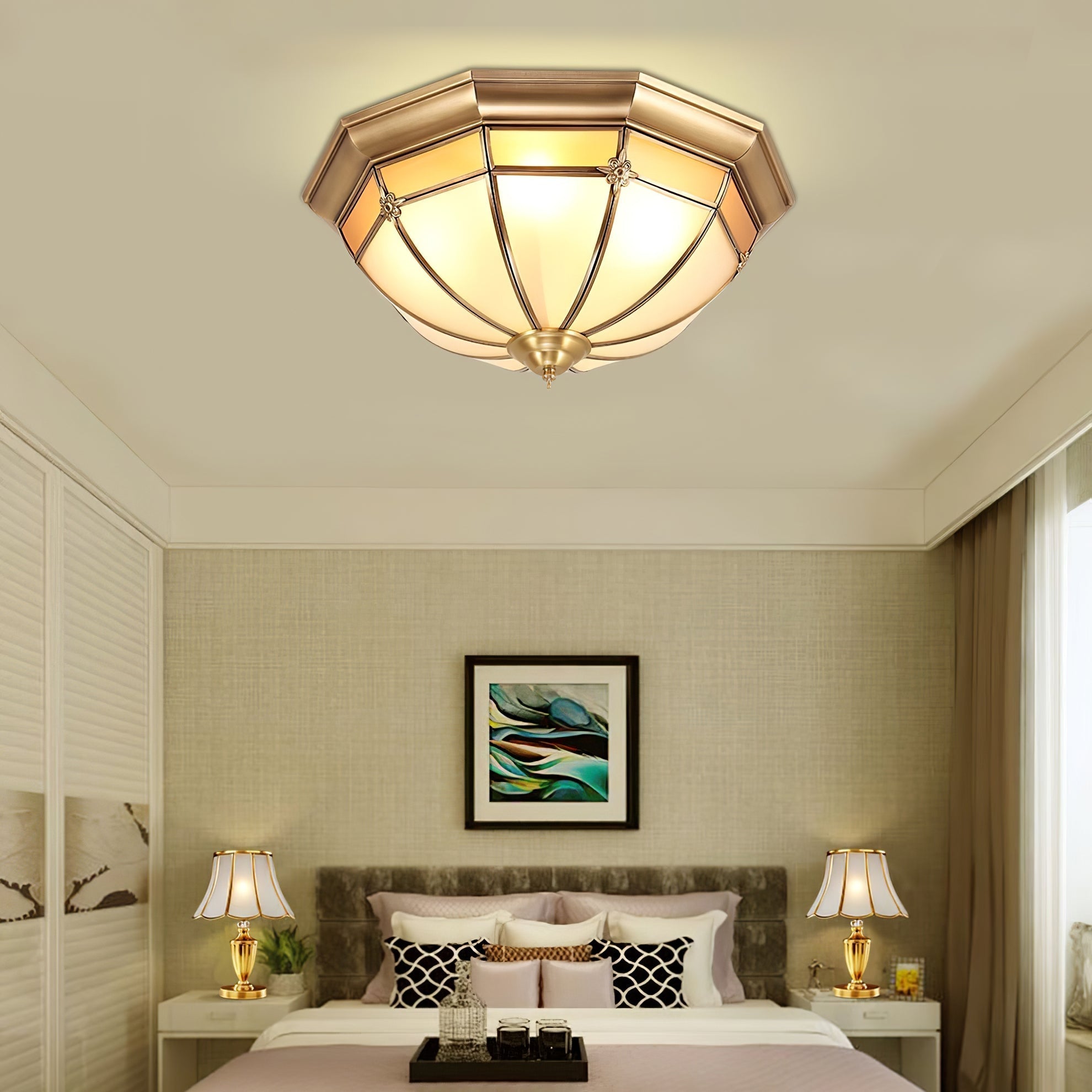 Vovynan Elegance Dome Brass Glass Flush Ceiling Lamp - Letslighting