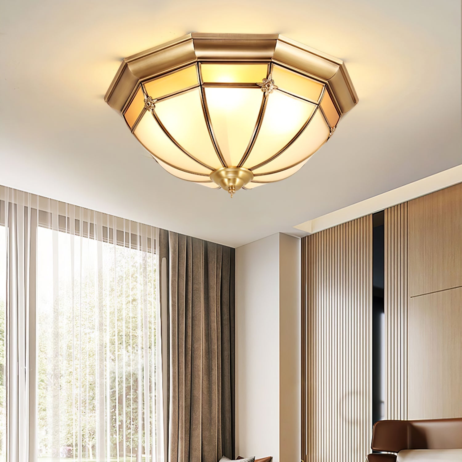 Vovynan Elegance Dome Brass Glass Flush Ceiling Lamp - Letslighting