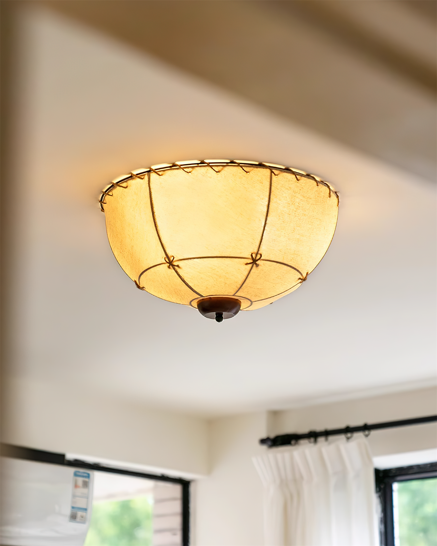 Ceiling Light Handcrafted Shade Wood and Fabric Rustic Fixture - Letslighting