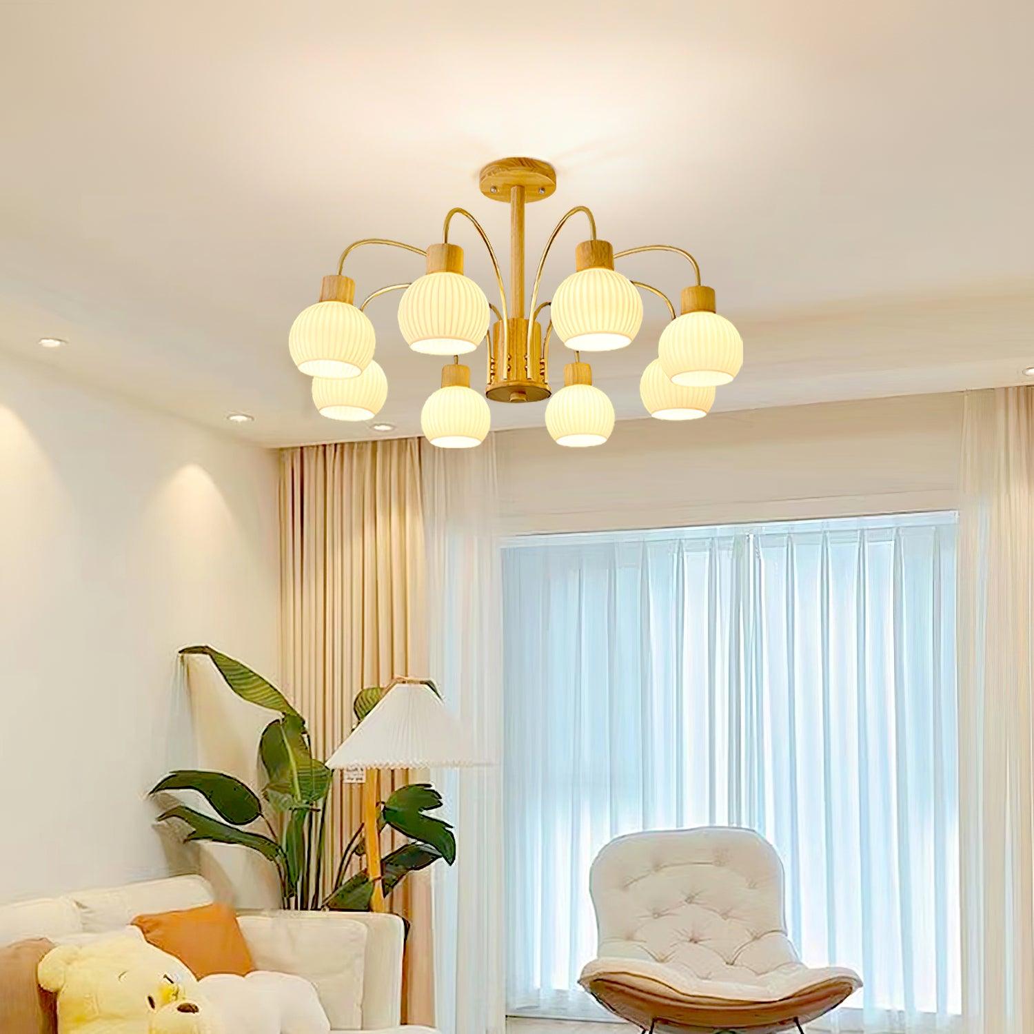 Lustra Chandelier Wooden 6 Lights Elegant Glass - Letslighting