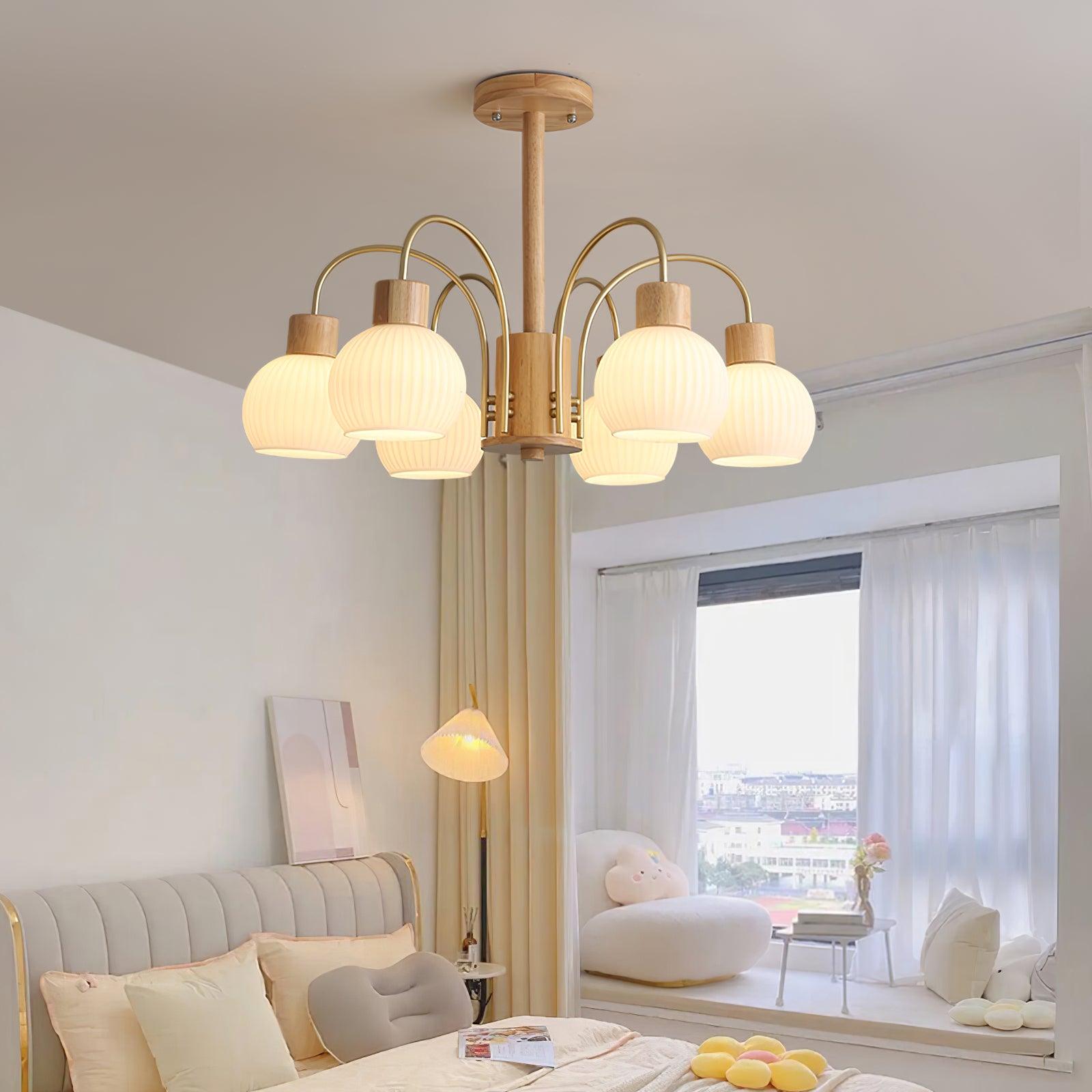 Lustra Chandelier Wooden 6 Lights Elegant Glass - Letslighting