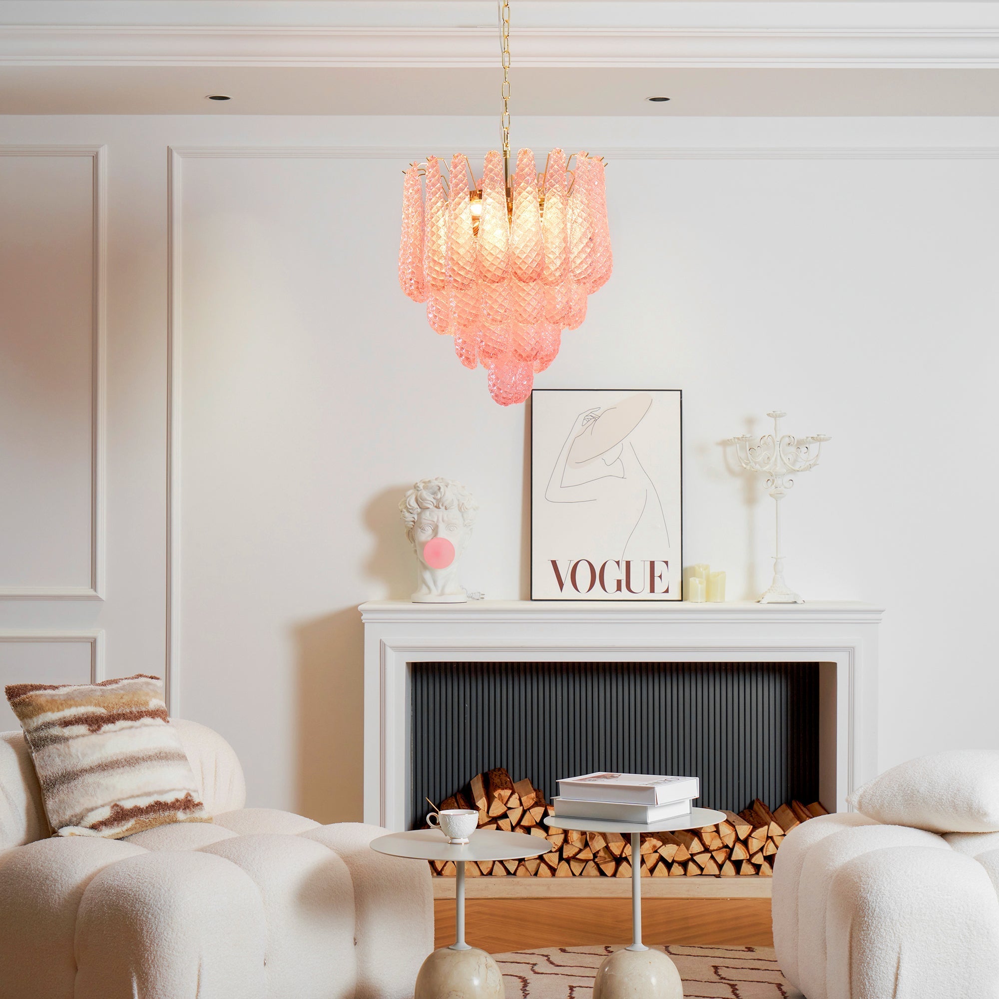 Aurora Chandelier Pink Droplet Murano Glass Diamond Pattern Waterfall