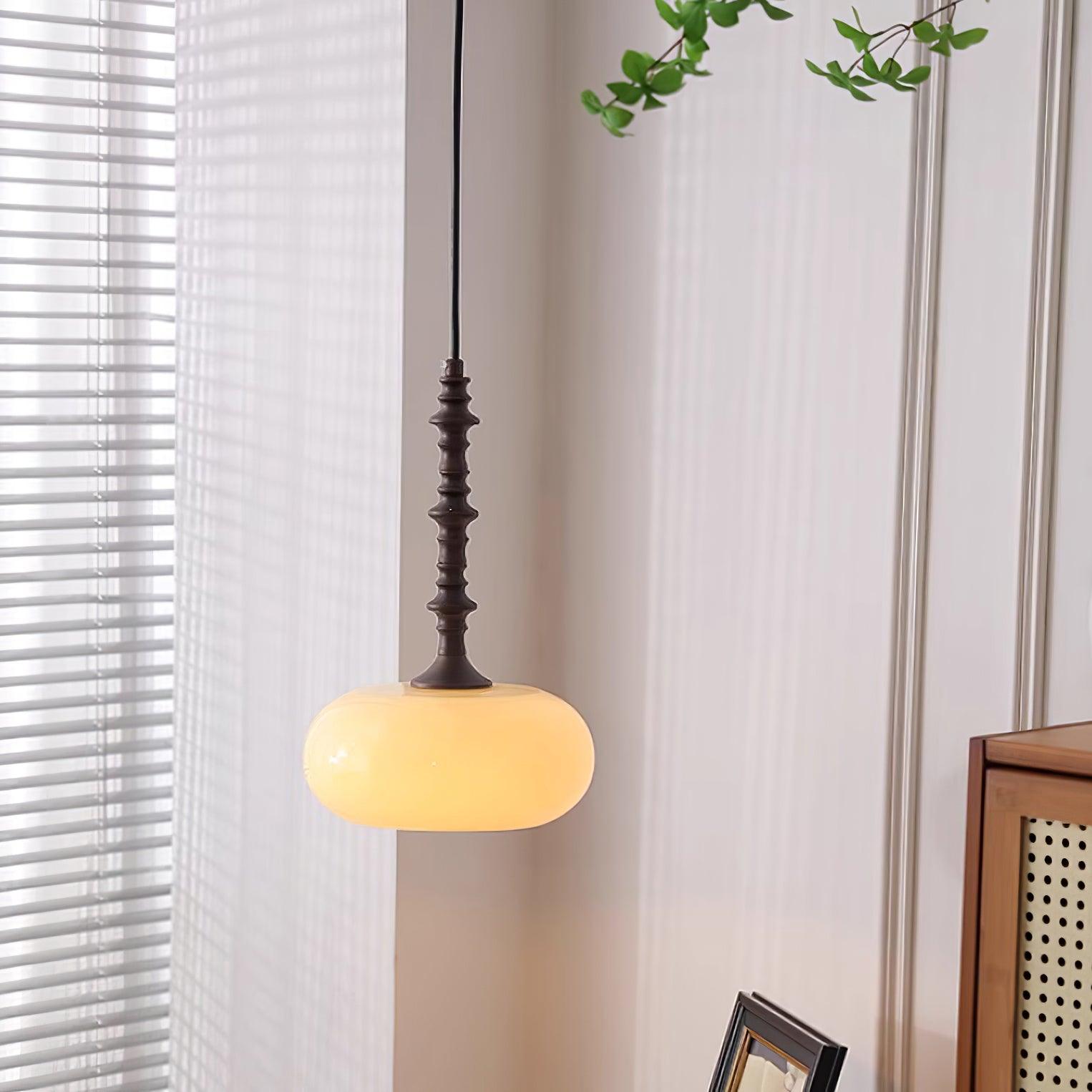 Pendant Lamp White Glass Shade Brown Turned Vintage - Letslighting