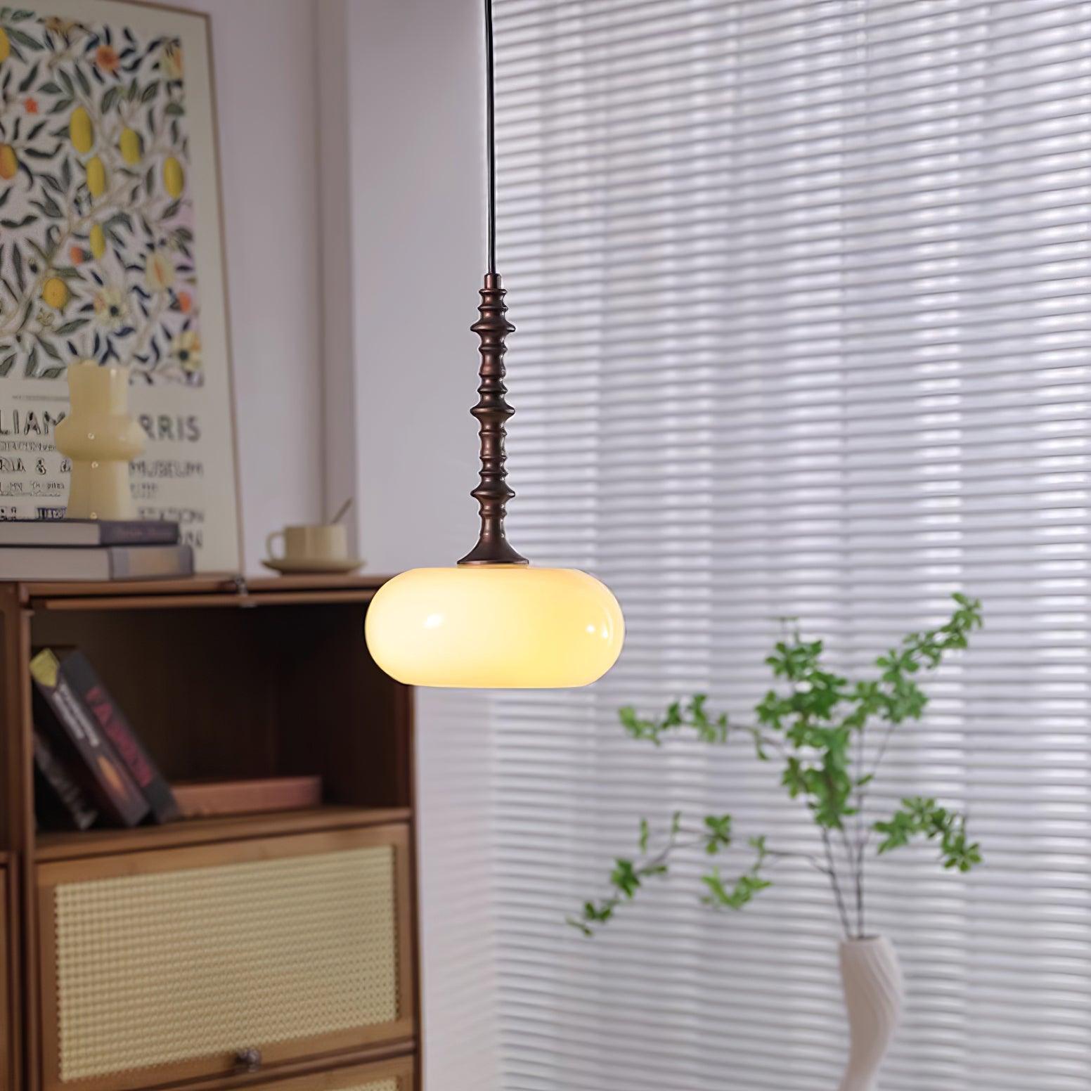 Pendant Lamp White Glass Shade Brown Turned Vintage - Letslighting