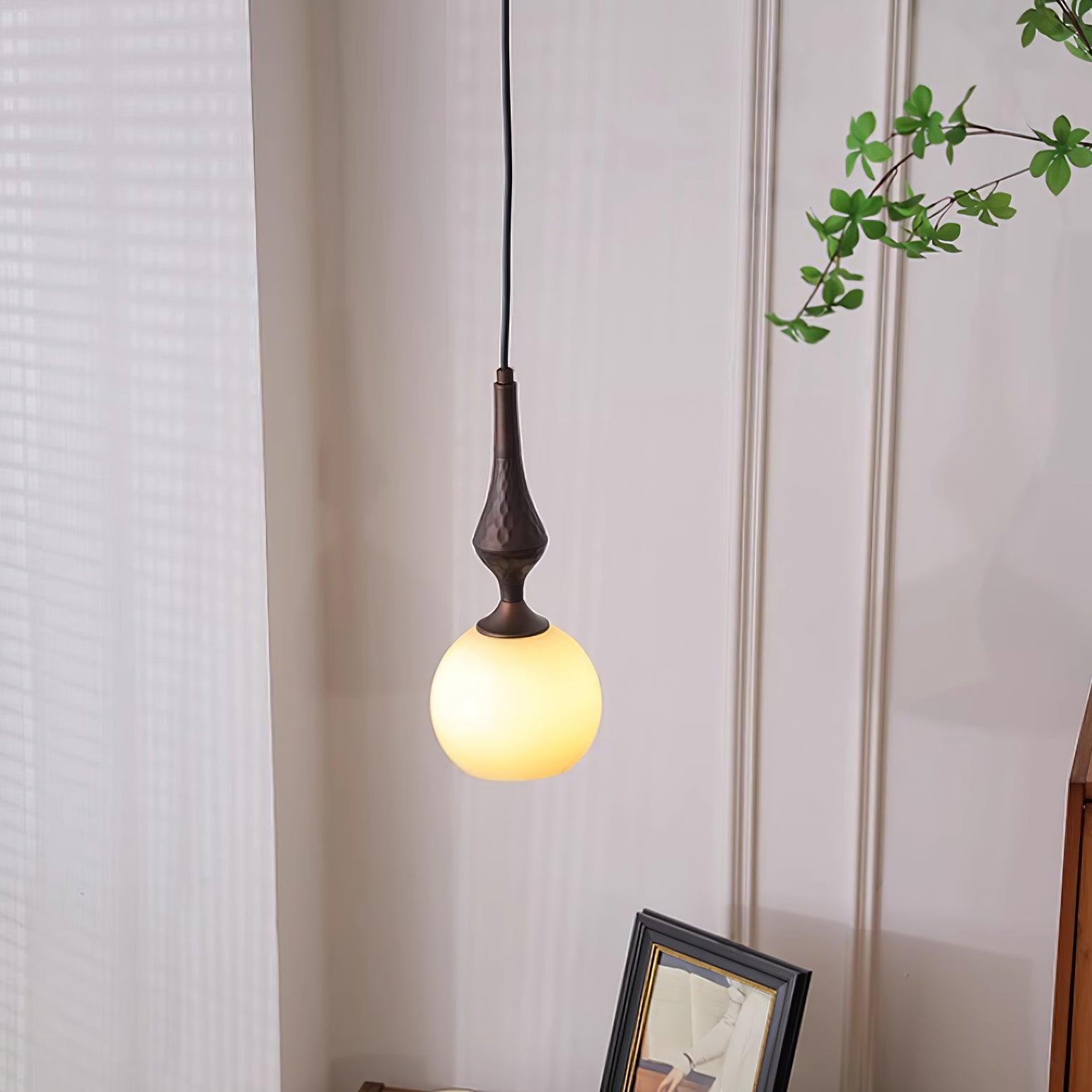 Pendant Lamp White Glass Shade Brown Turned Vintage - Letslighting