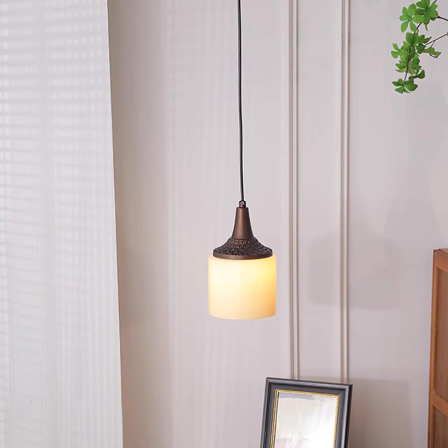 Pendant Lamp White Glass Shade Brown Turned Vintage - Letslighting