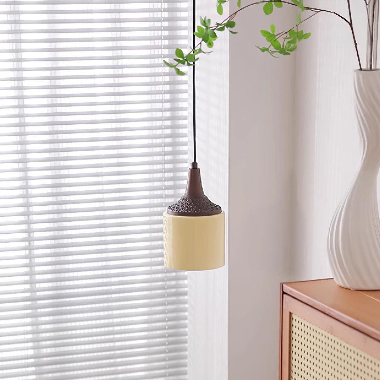 Pendant Lamp White Glass Shade Brown Turned Vintage - Letslighting