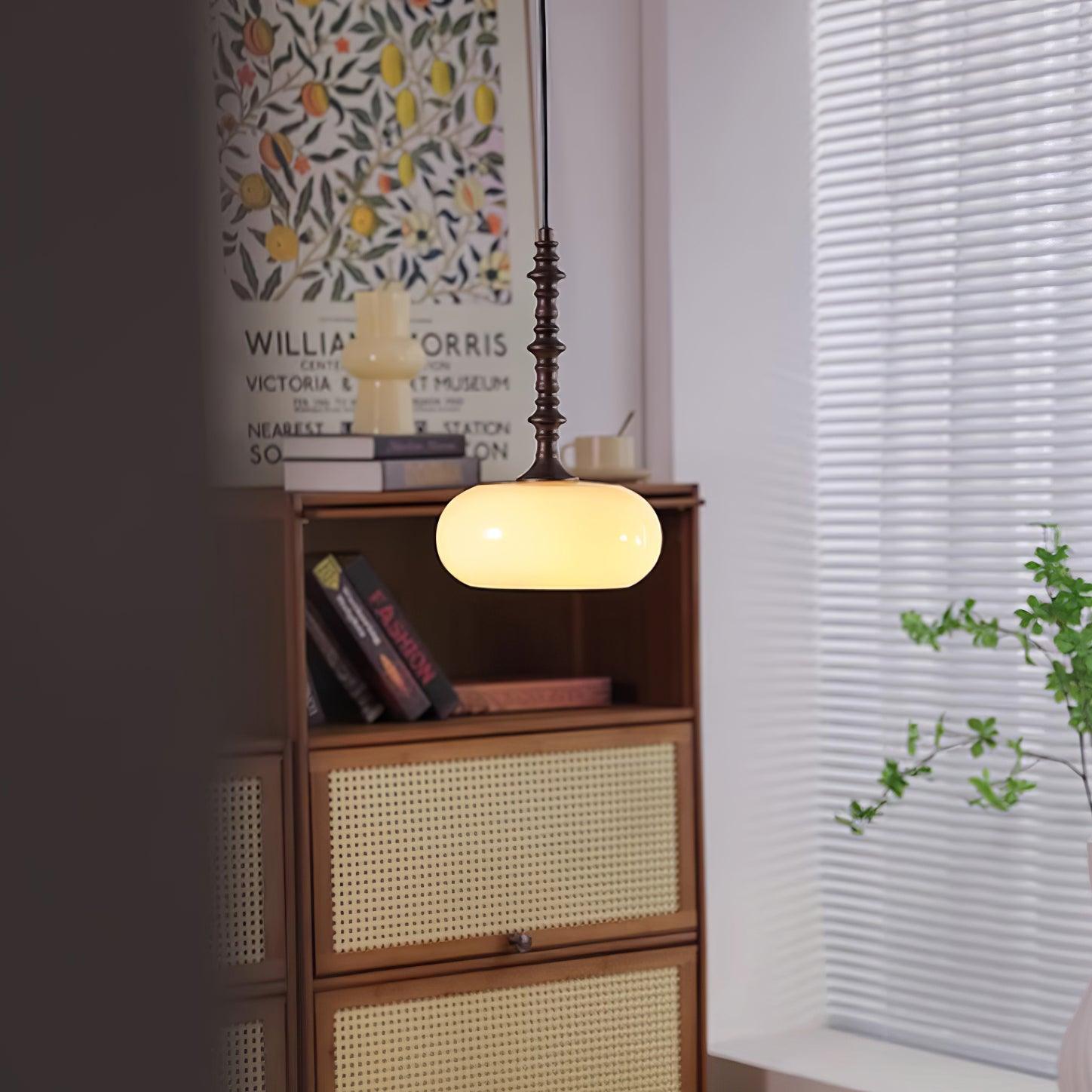 Pendant Lamp White Glass Shade Brown Turned Vintage - Letslighting