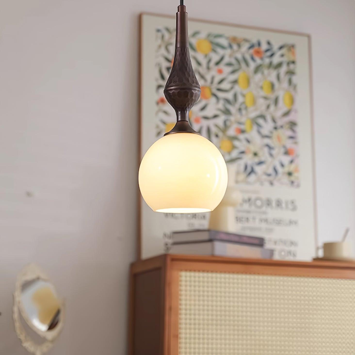 Pendant Lamp White Glass Shade Brown Turned Vintage - Letslighting