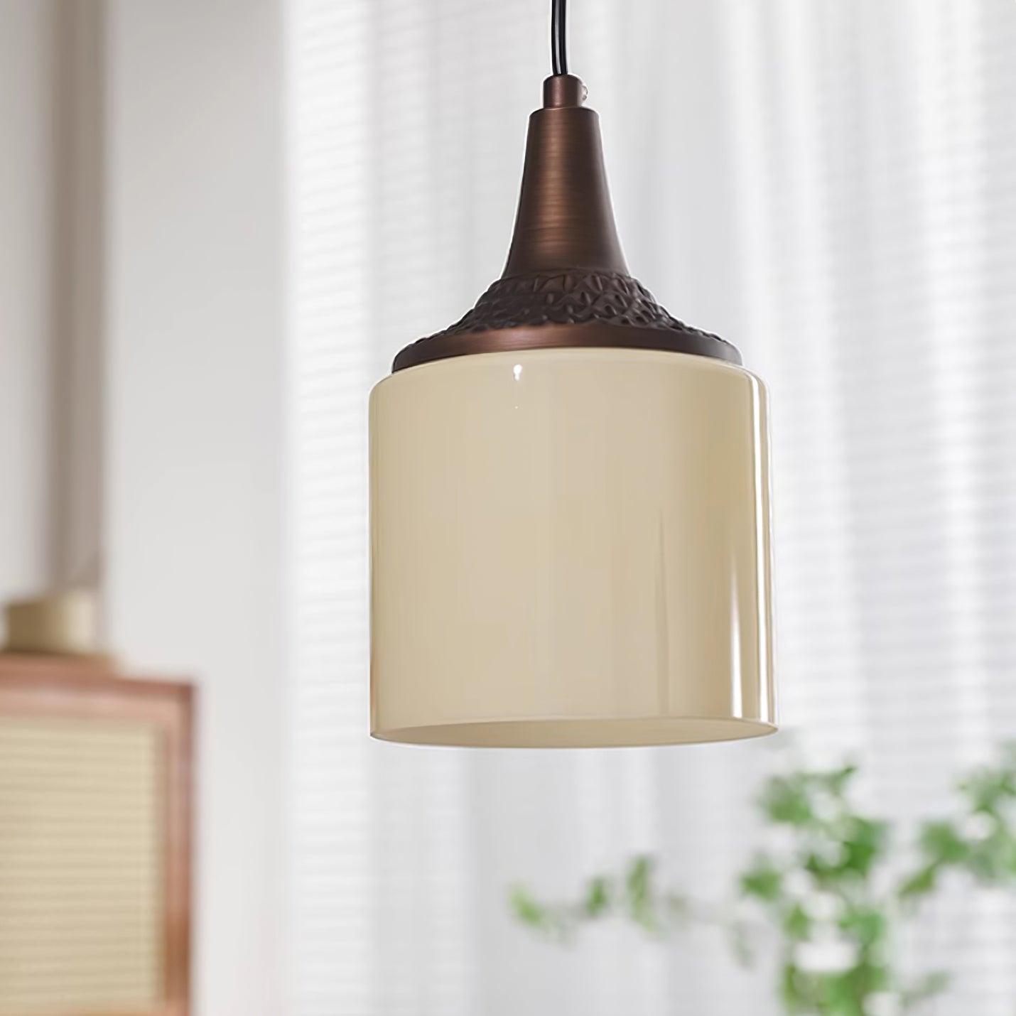 Pendant Lamp White Glass Shade Brown Turned Vintage - Letslighting
