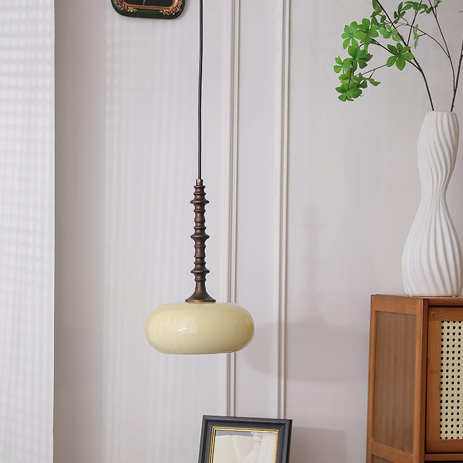 Pendant Lamp White Glass Shade Brown Turned Vintage - Letslighting