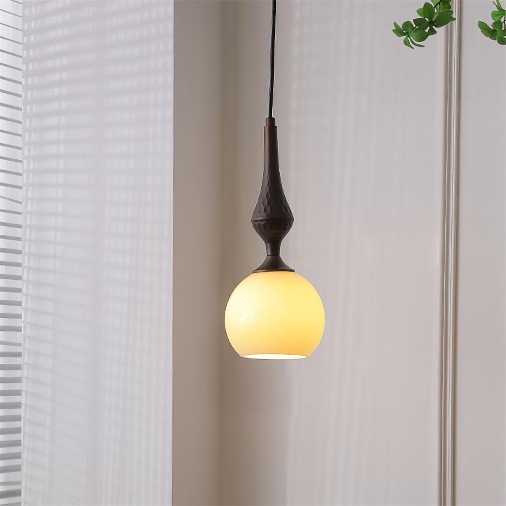 Pendant Lamp White Glass Shade Brown Turned Vintage - Letslighting