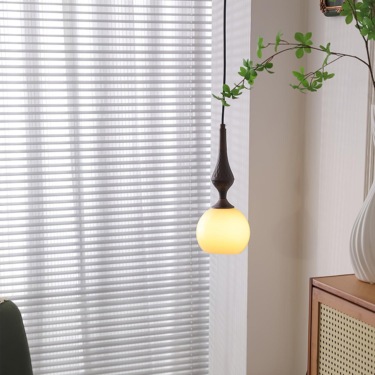 Pendant Lamp White Glass Shade Brown Turned Vintage - Letslighting