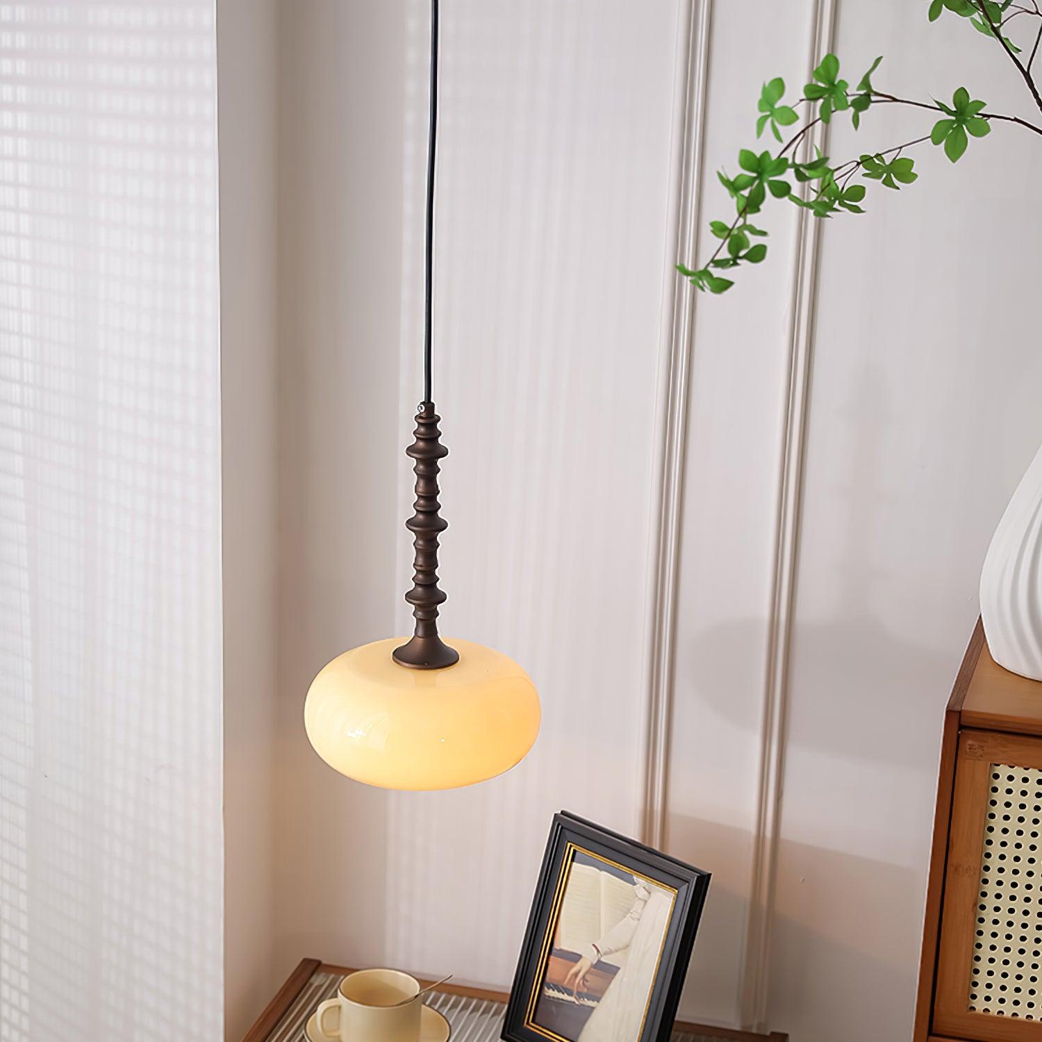 Pendant Lamp White Glass Shade Brown Turned Vintage - Letslighting