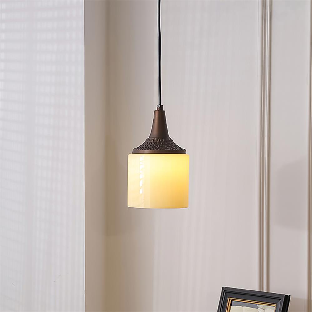 Pendant Lamp White Glass Shade Brown Turned Vintage - Letslighting