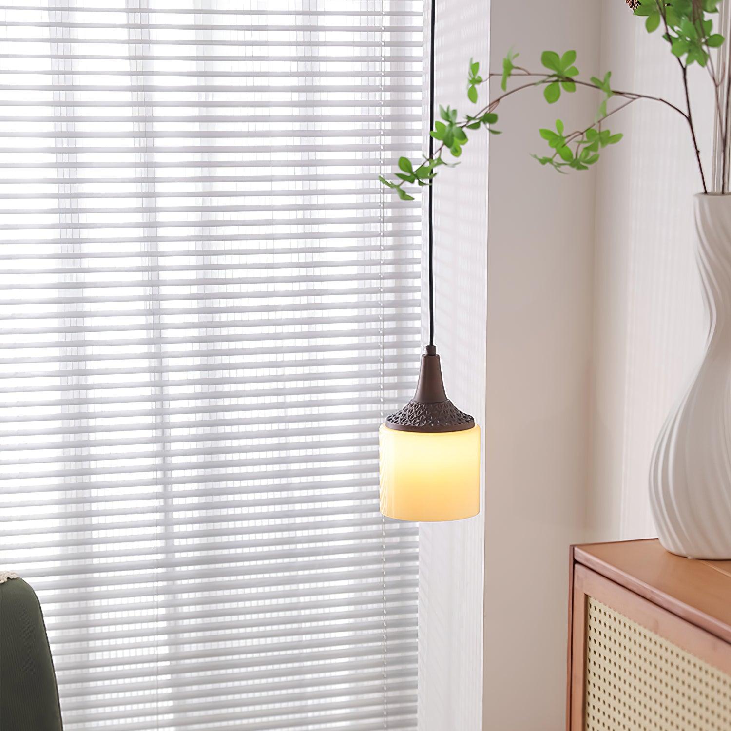 Pendant Lamp White Glass Shade Brown Turned Vintage - Letslighting