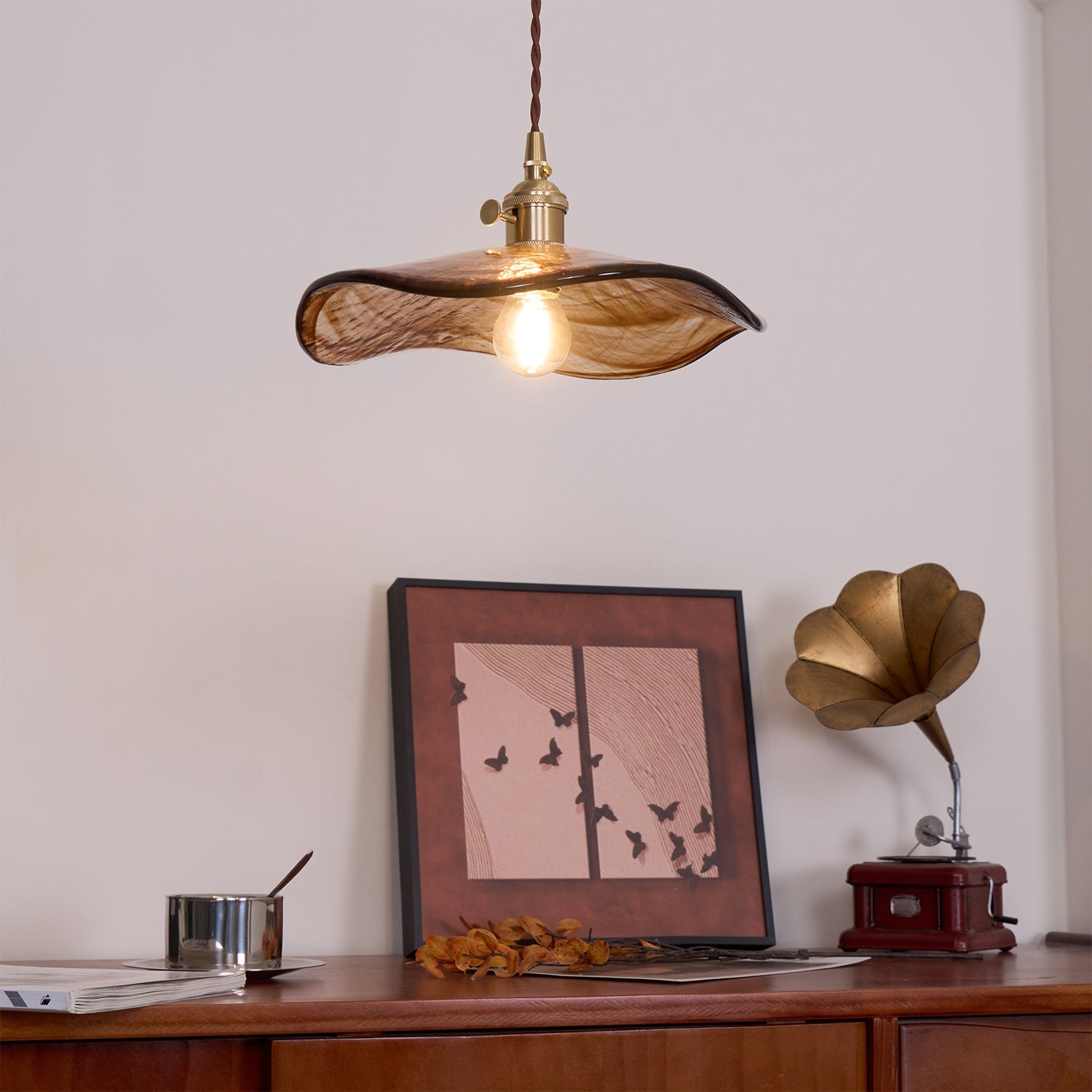 Utalira Art Flower Petal Swag Brass Glass Pendant Light - Letslighting