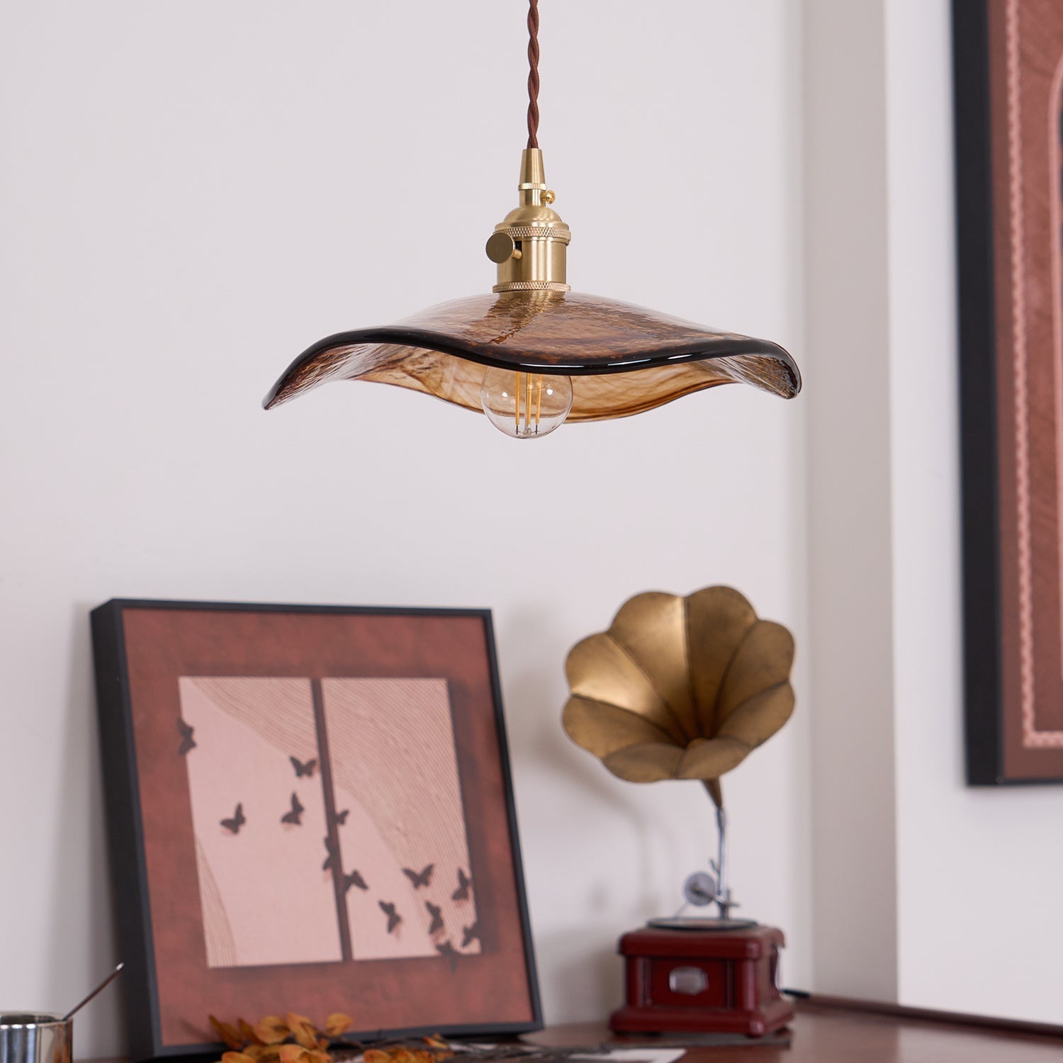 Utalira Art Flower Petal Swag Brass Glass Pendant Light - Letslighting