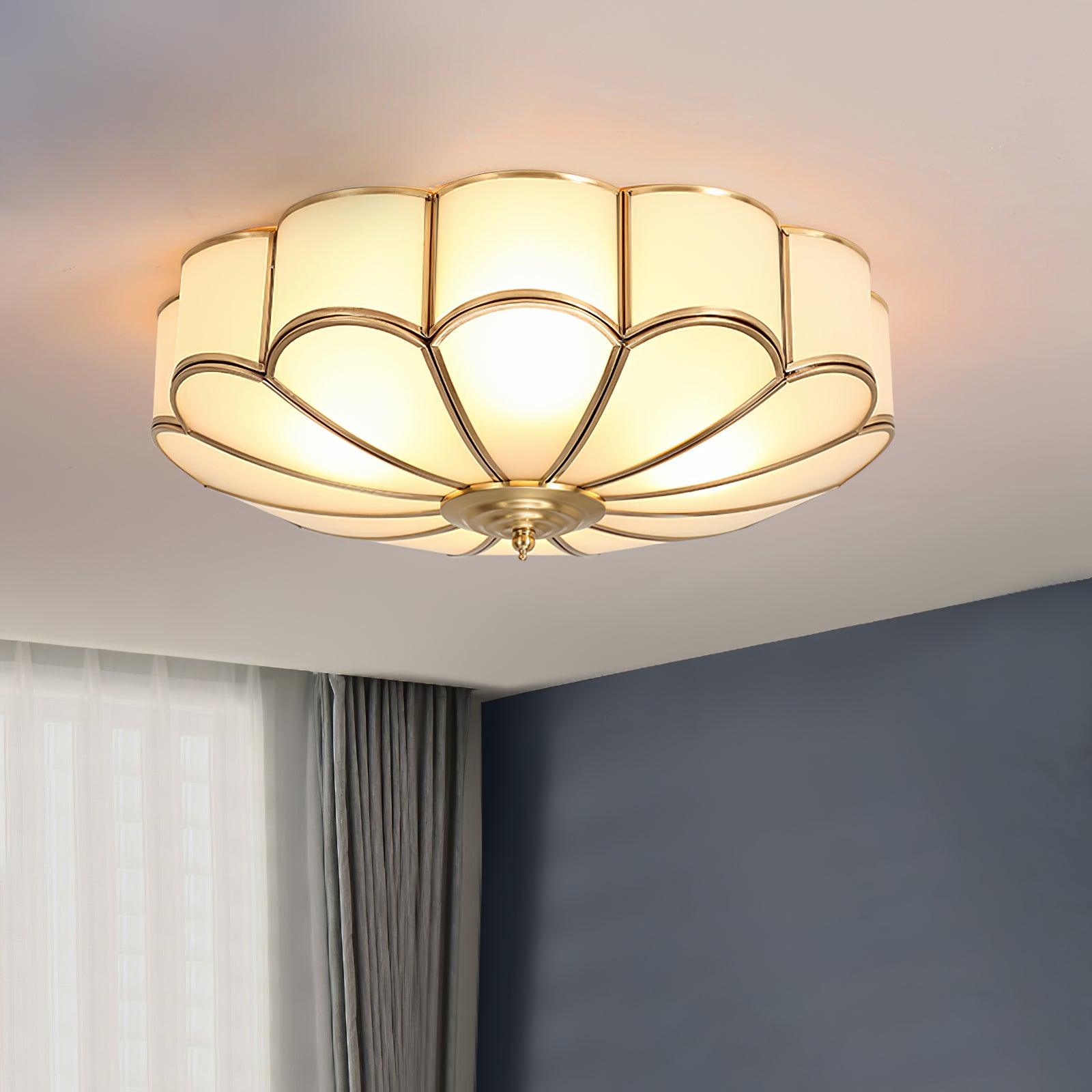 Tiffany Ceiling Light Flower Shape Frosted Glass Brass