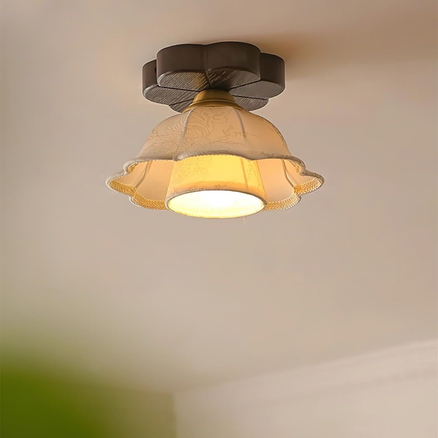 Ceiling Light Scalloped Fabric Shade Walnut Wood Canopy Vintage - Letslighting