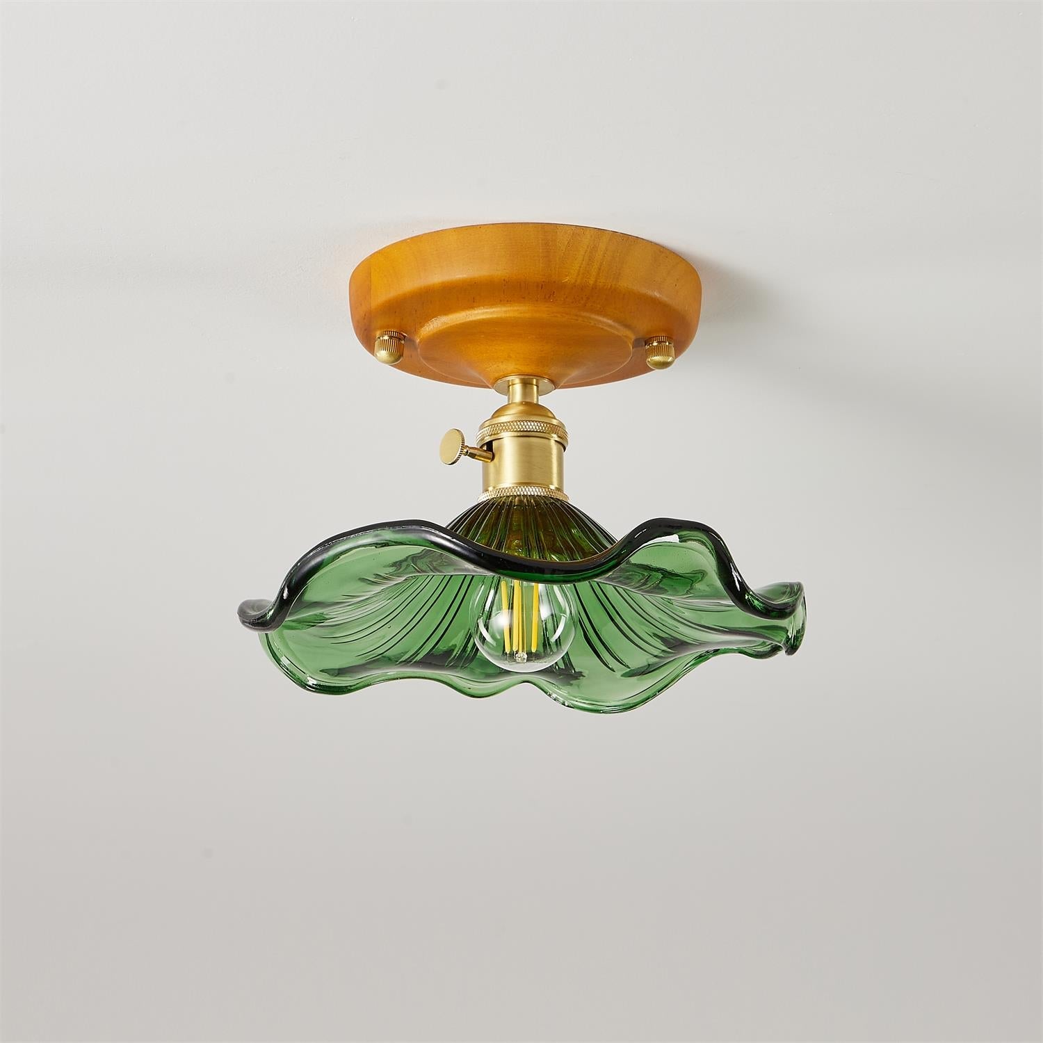Ceiling Light Wood Canopy Brass & Glass Shade Vintage Floral Farmhouse - Letslighting