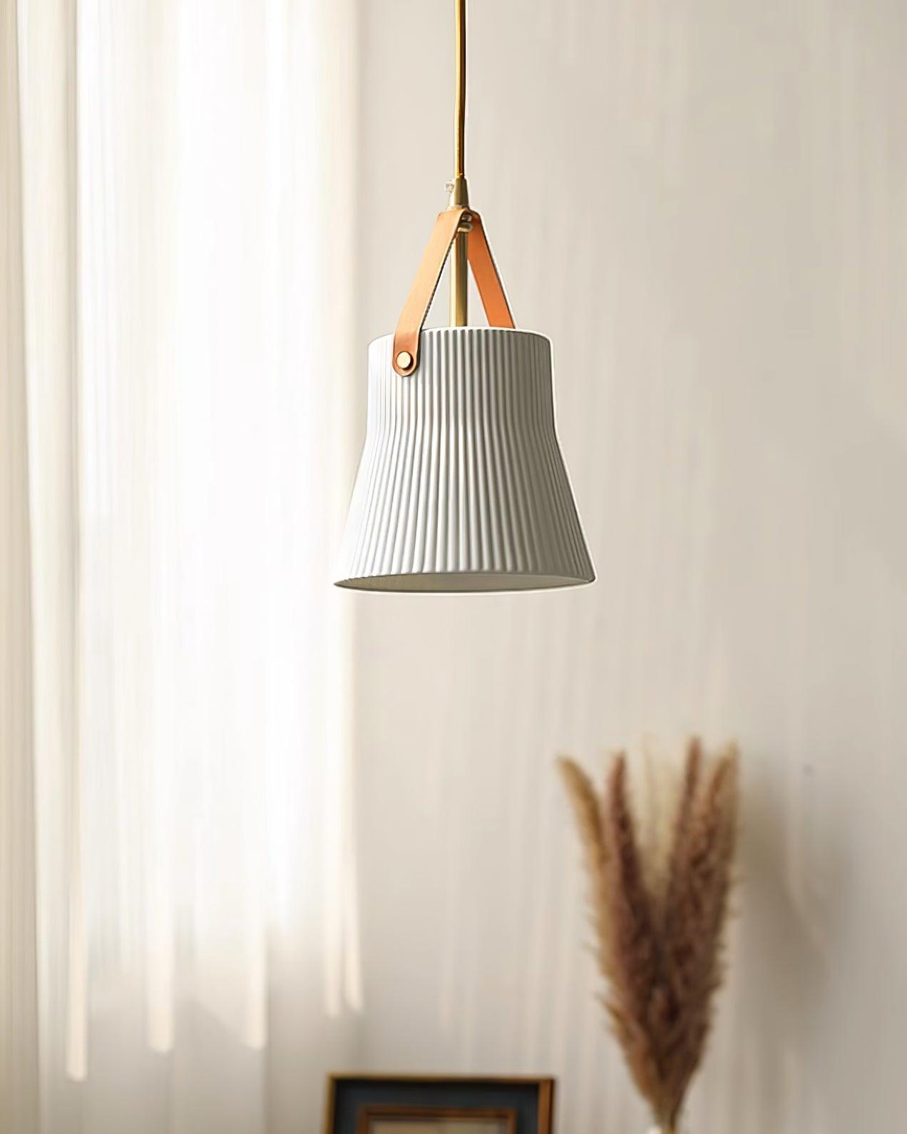 Pendant Lamp Ceramic Ribbed Shade Brass Leather Strap Modern - Letslighting